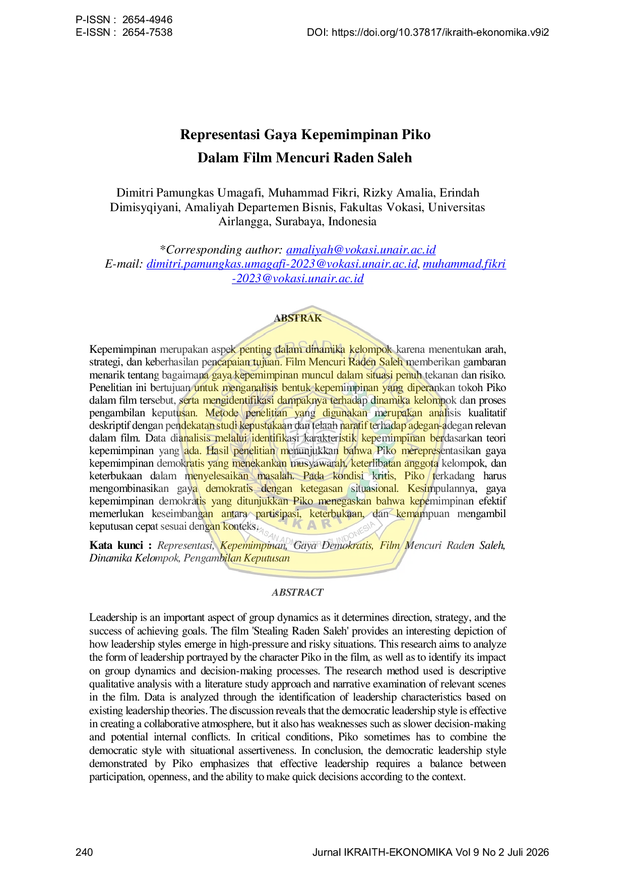 JURIS Representasi Gaya Kepemimpinan Piko Dalam Film Mencuri Raden Saleh