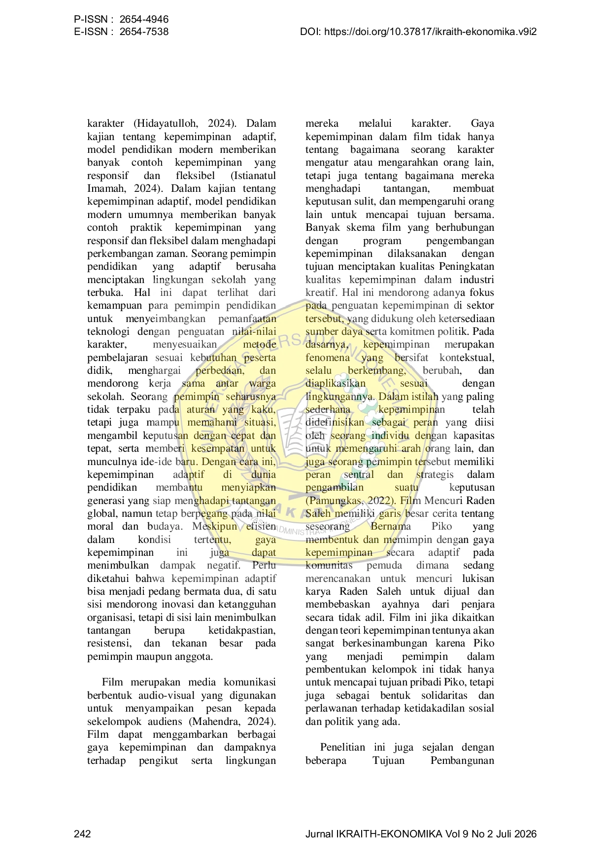 JURIS Representasi Gaya Kepemimpinan Piko Dalam Film Mencuri Raden Saleh