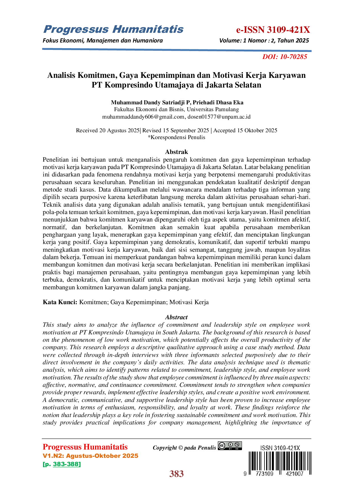 JURIS Analisis Komitmen Gaya Kepemimpinan dan Motivasi Kerja Karyawan PT Kompresindo Utamajaya di Jakarta Selatan