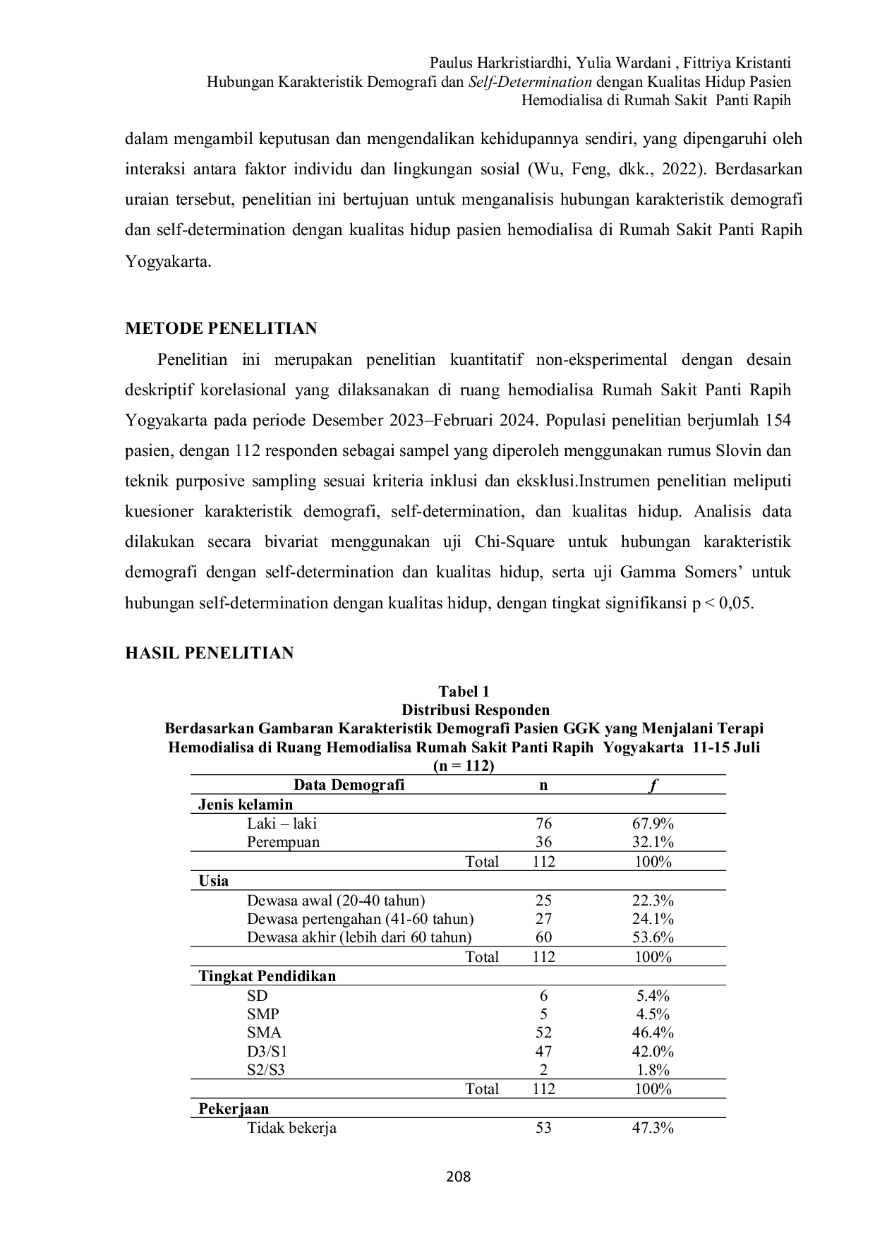 JURIS Hubungan Karakteristik Demografi dan Self Determination dengan Kualitas Hidup Pasien Hemodialisa di Rumah Sakit Panti Rapih