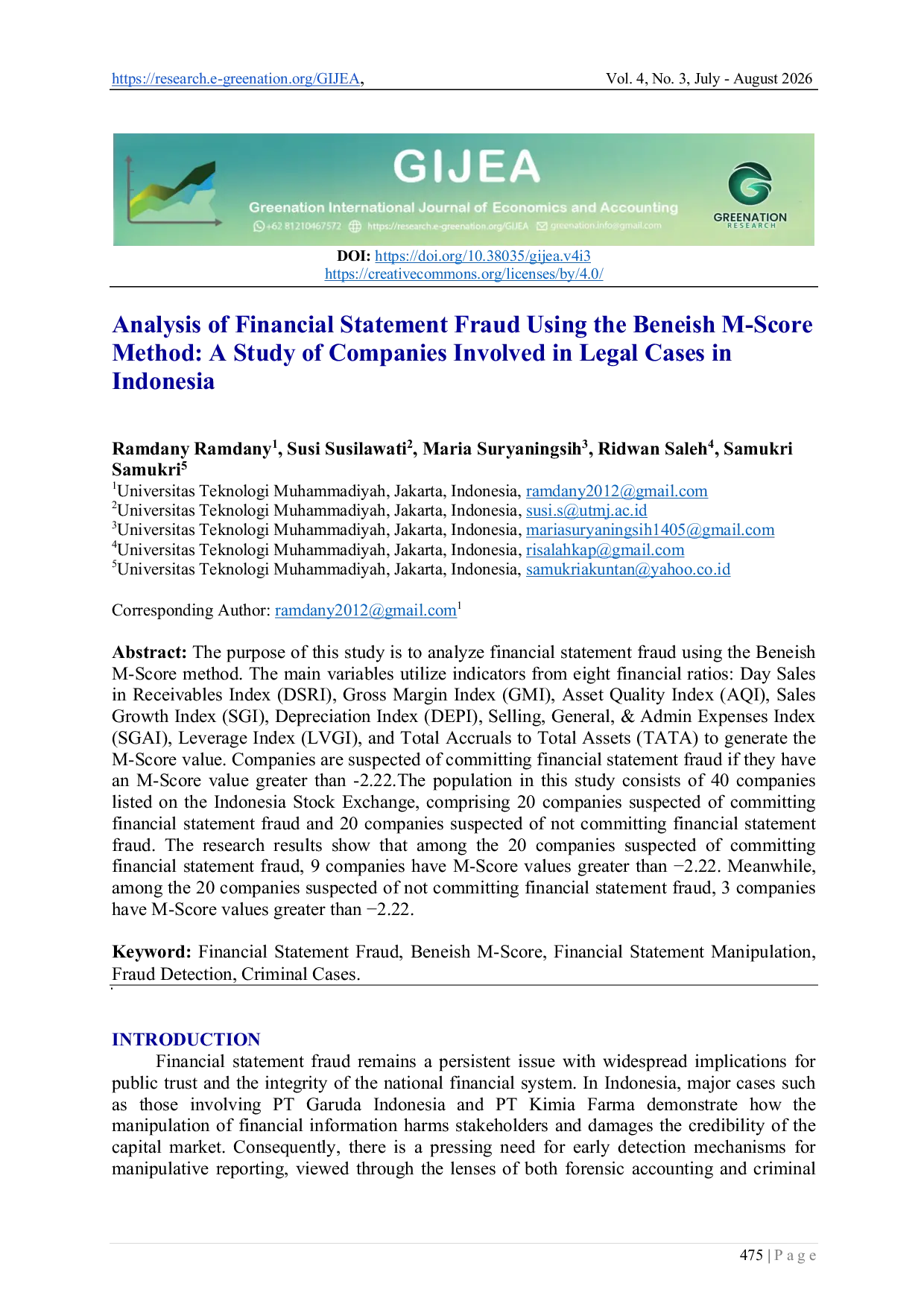 JURIS Analysis of Financial Statement Fraud Using the Beneish M Score Method A Study of Companies Involved in Legal Cases in Indonesia