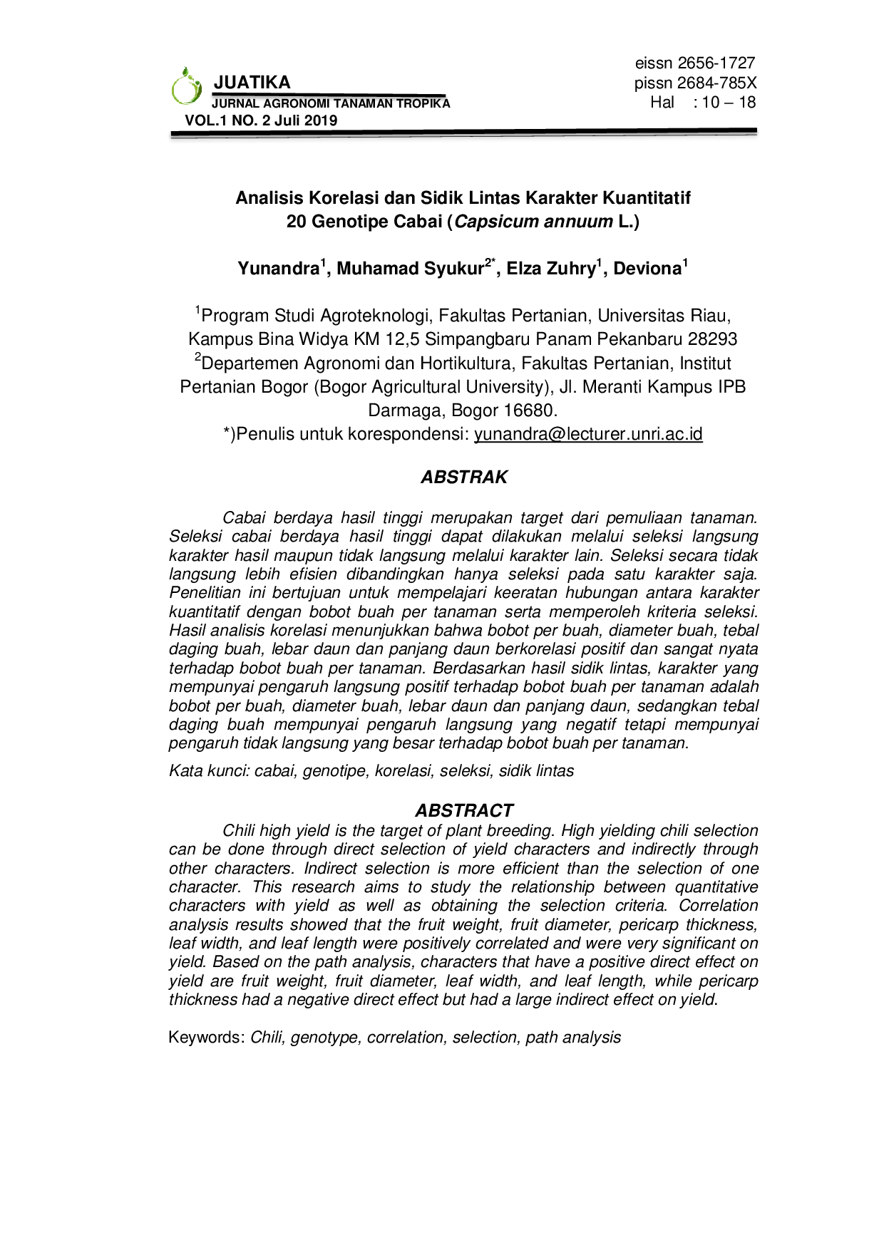 JURIS Analisis Korelasi dan Sidik Lintas Karakter Kuantitatif 20 Genotipe Cabai Capsicum annuum L