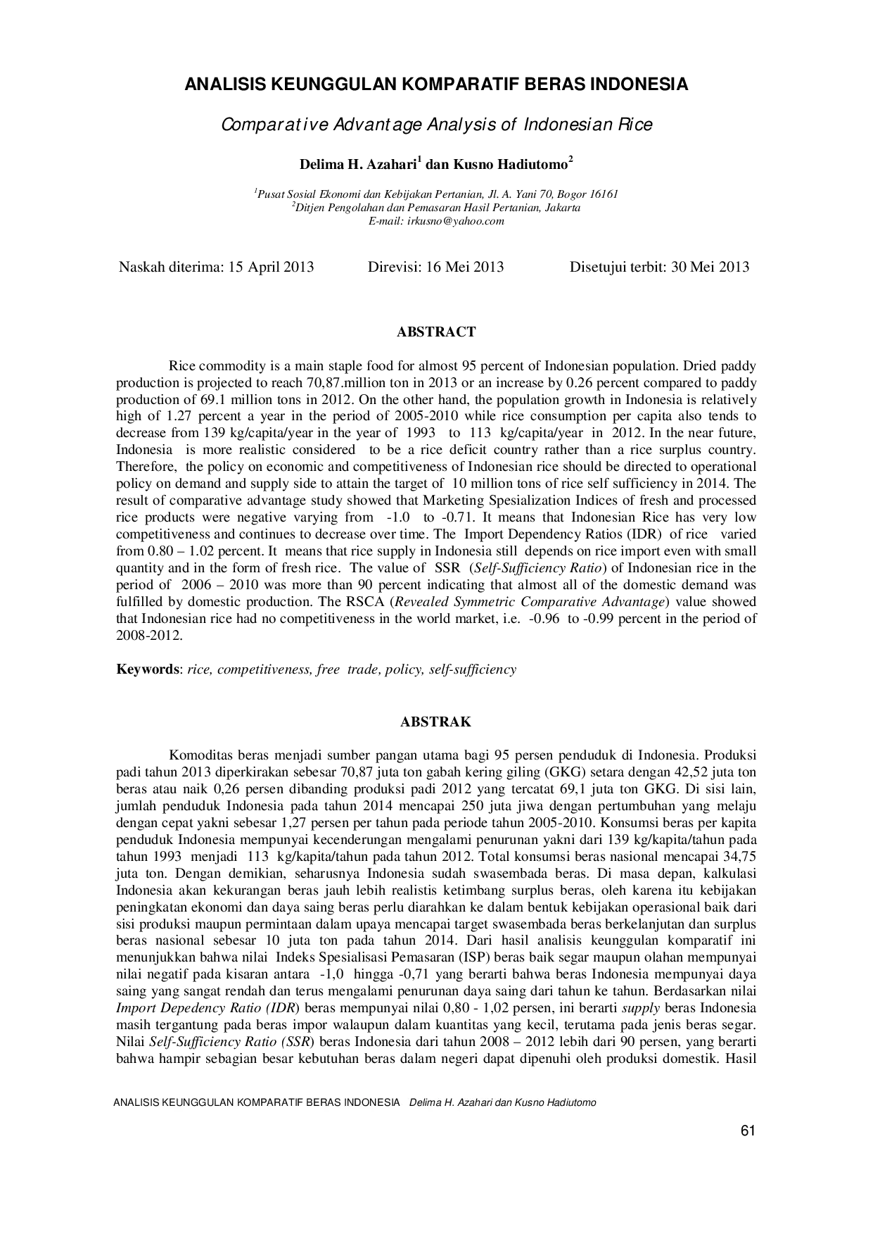 JURIS Analisis Keunggulan Komparatif Beras Indonesia