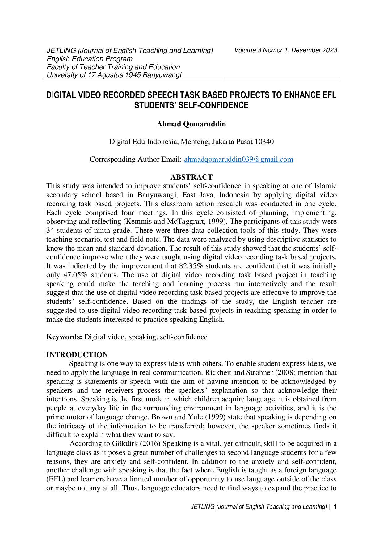 JURIS Digital Video Recorded Speech Task Based Projects to Enhance EFL Students Self Confidence