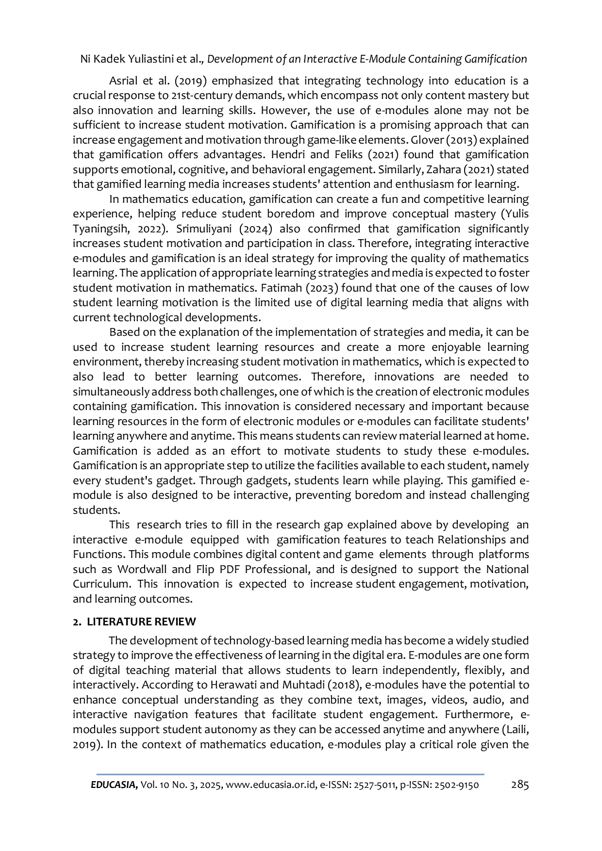 JURIS Development of an Interactive E Module Containing Gamification on the Material of Relations and Functions