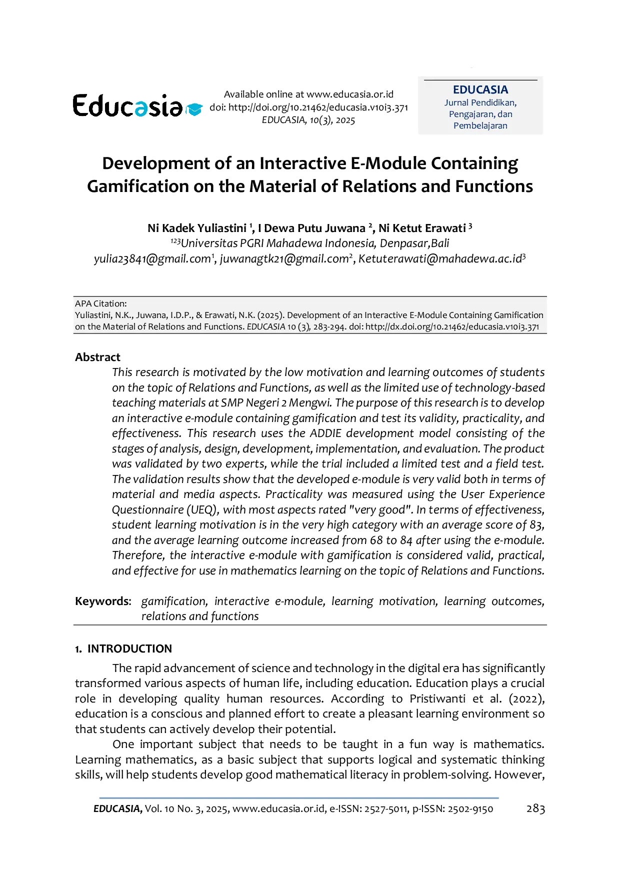 JURIS Development of an Interactive E Module Containing Gamification on the Material of Relations and Functions