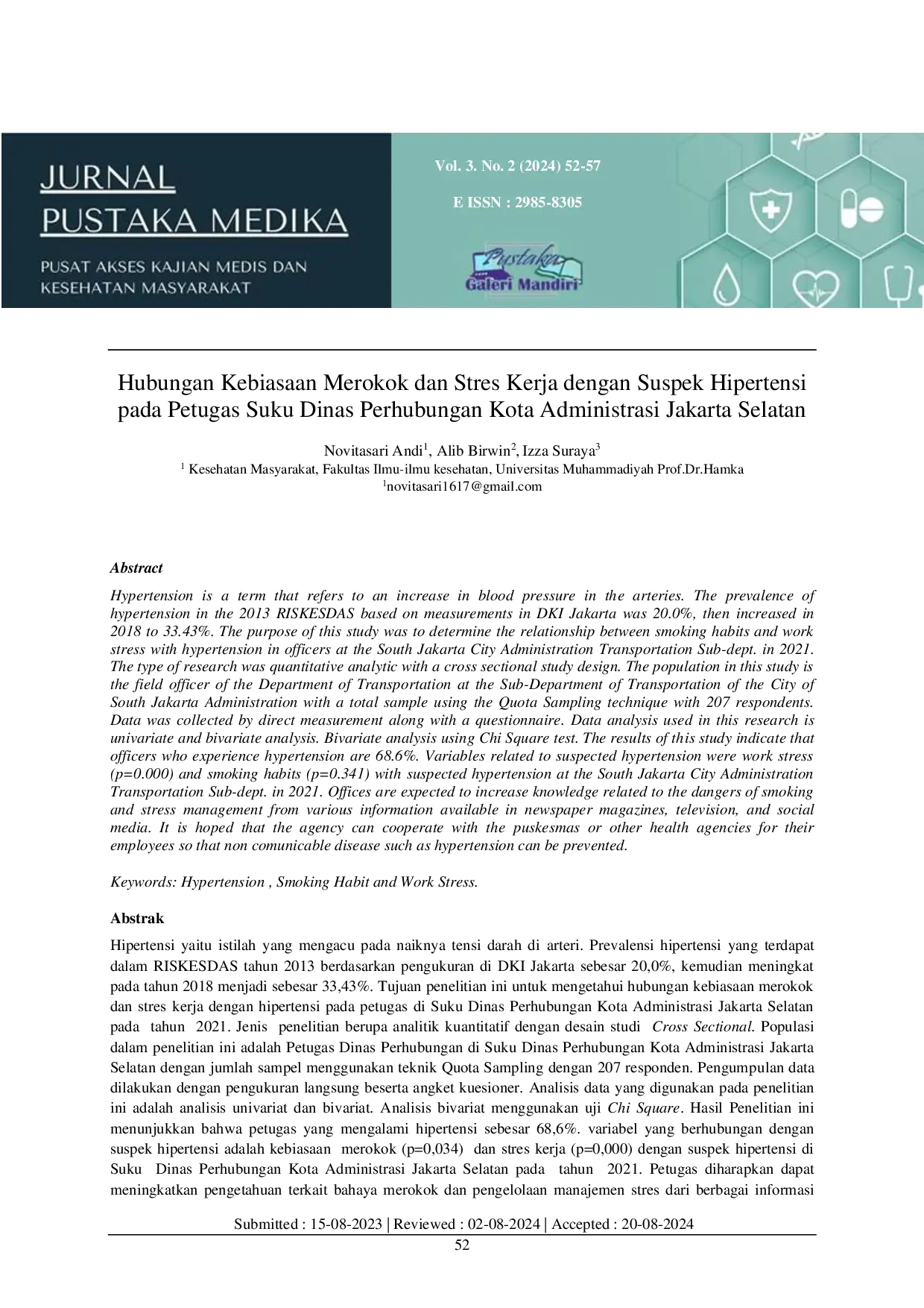 JURIS Hubungan Kebiasaan Merokok dan Stres Kerja dengan Suspek Hipertensi pada Petugas Suku Dinas Perhubungan Kota Administrasi Jakarta Selatan