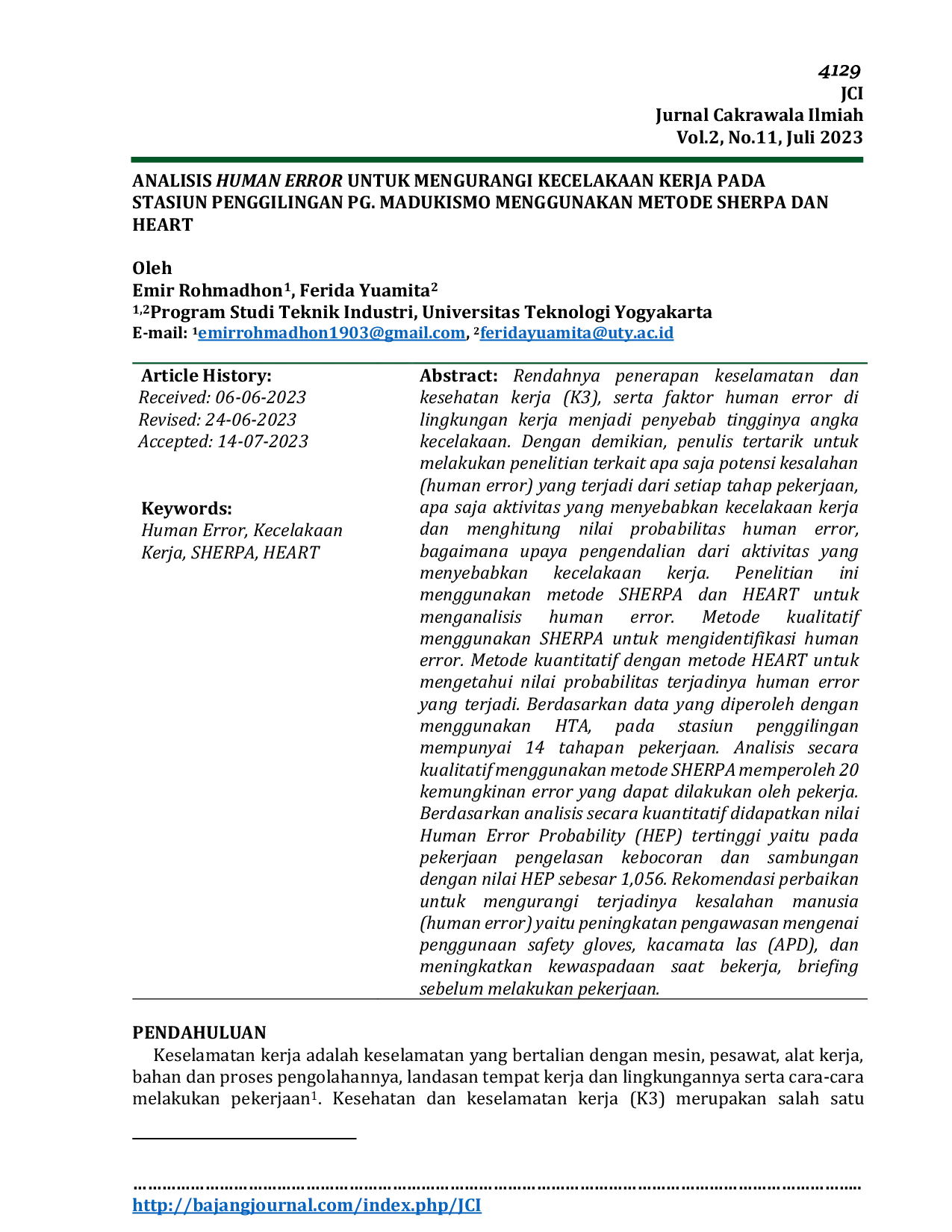 JURIS Analisis Human Error Untuk Mengurangi Kecelakaan Kerja Pada Stasiun Penggilingan PG Madukismo Menggunakan Metode Sherpa Dan Heart