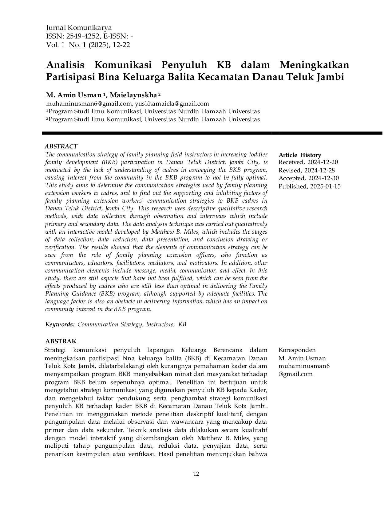 JURIS Analisis Komunikasi Penyuluh KB dalam Meningkatkan Partisipasi Bina Keluarga Balita Kecamatan Danau Teluk Jambi