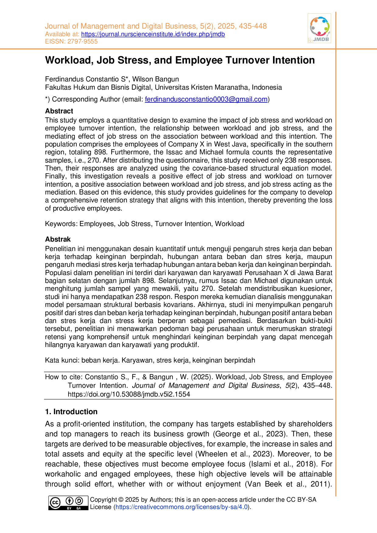 JURIS Workload Job Stress and Employee Turnover Intention