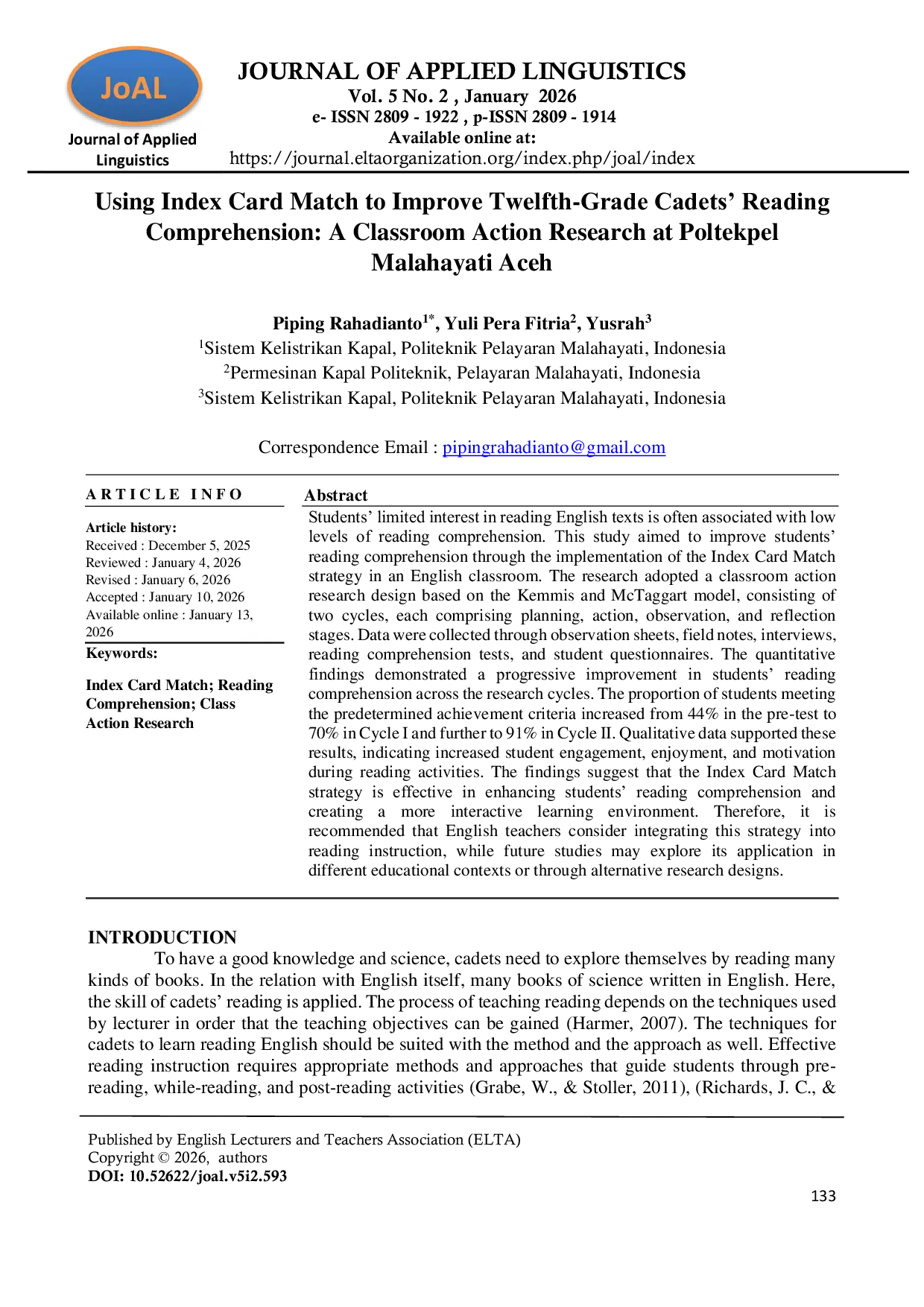 JURIS Using Index Card Match to Improve Twelfth Grade Cadets Reading Comprehension A Classroom Action Research at Poltekpel Malahayati Aceh