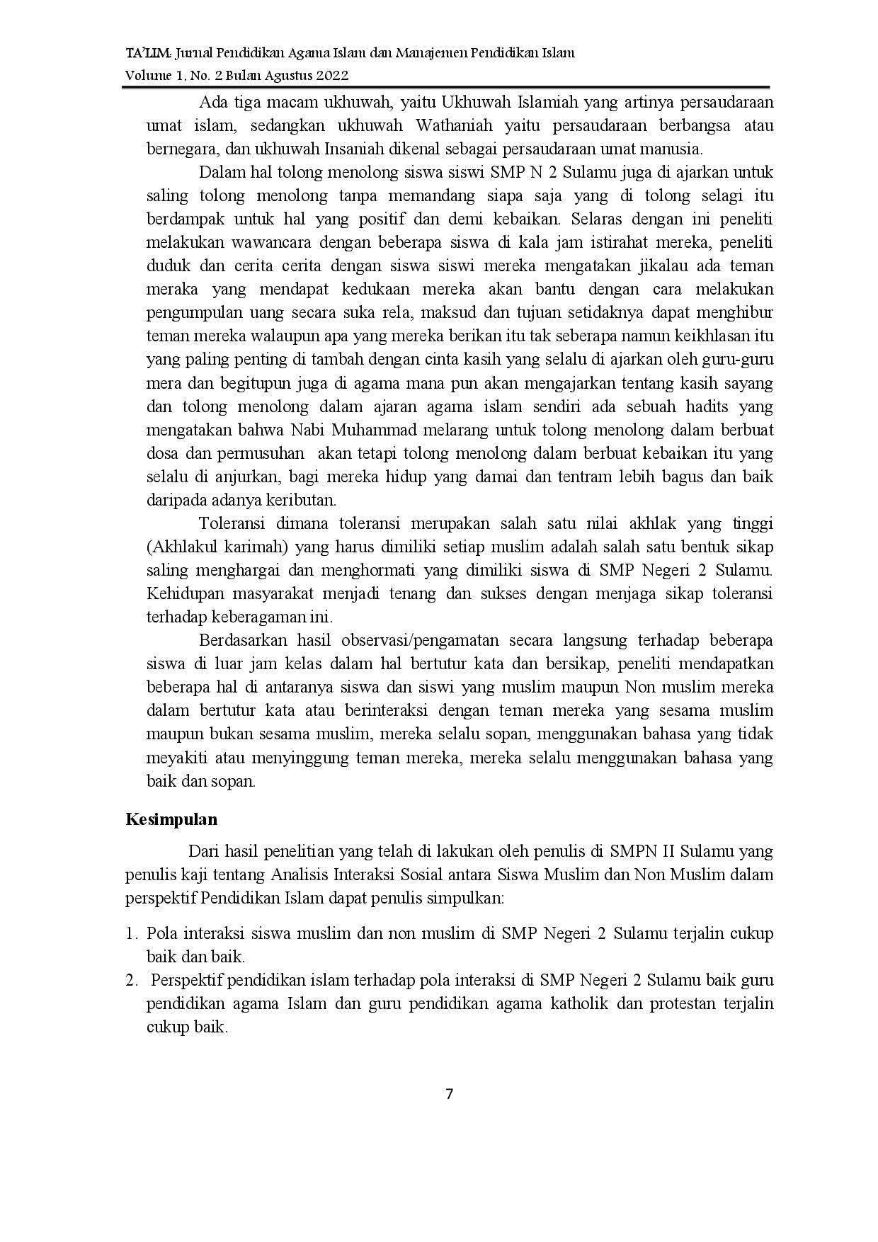 juris Analisis Interaksi Sosial Antara Siswa Muslim dan Non Muslim Perspektif Pendidikan Agama Islam Di SMP Negeri 2 Sulamu