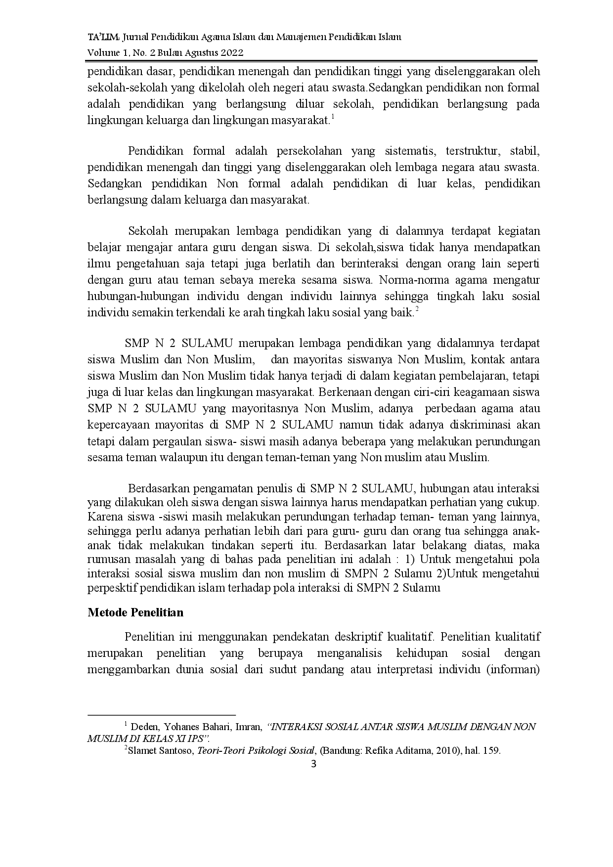 juris Analisis Interaksi Sosial Antara Siswa Muslim dan Non Muslim Perspektif Pendidikan Agama Islam Di SMP Negeri 2 Sulamu