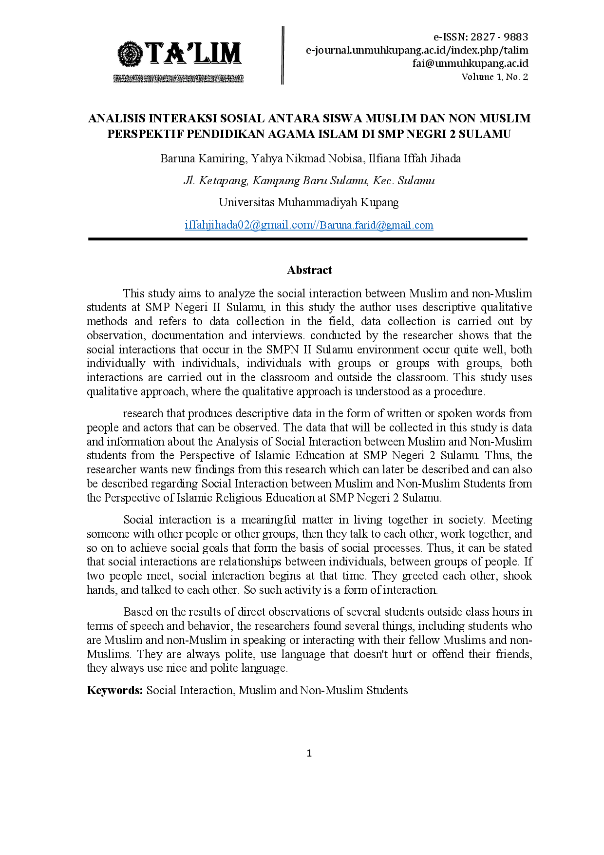 juris Analisis Interaksi Sosial Antara Siswa Muslim dan Non Muslim Perspektif Pendidikan Agama Islam Di SMP Negeri 2 Sulamu