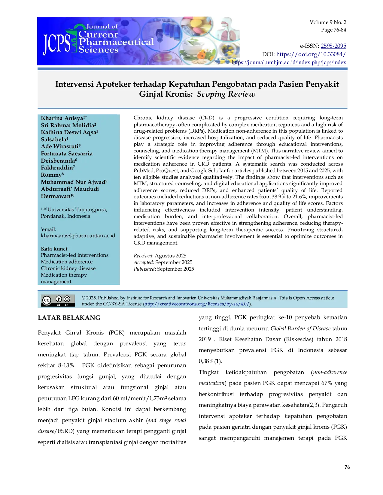 JURIS Intervensi Apoteker terhadap Kepatuhan Pengobatan pada Pasien Penyakit Ginjal Kronis Scoping Review