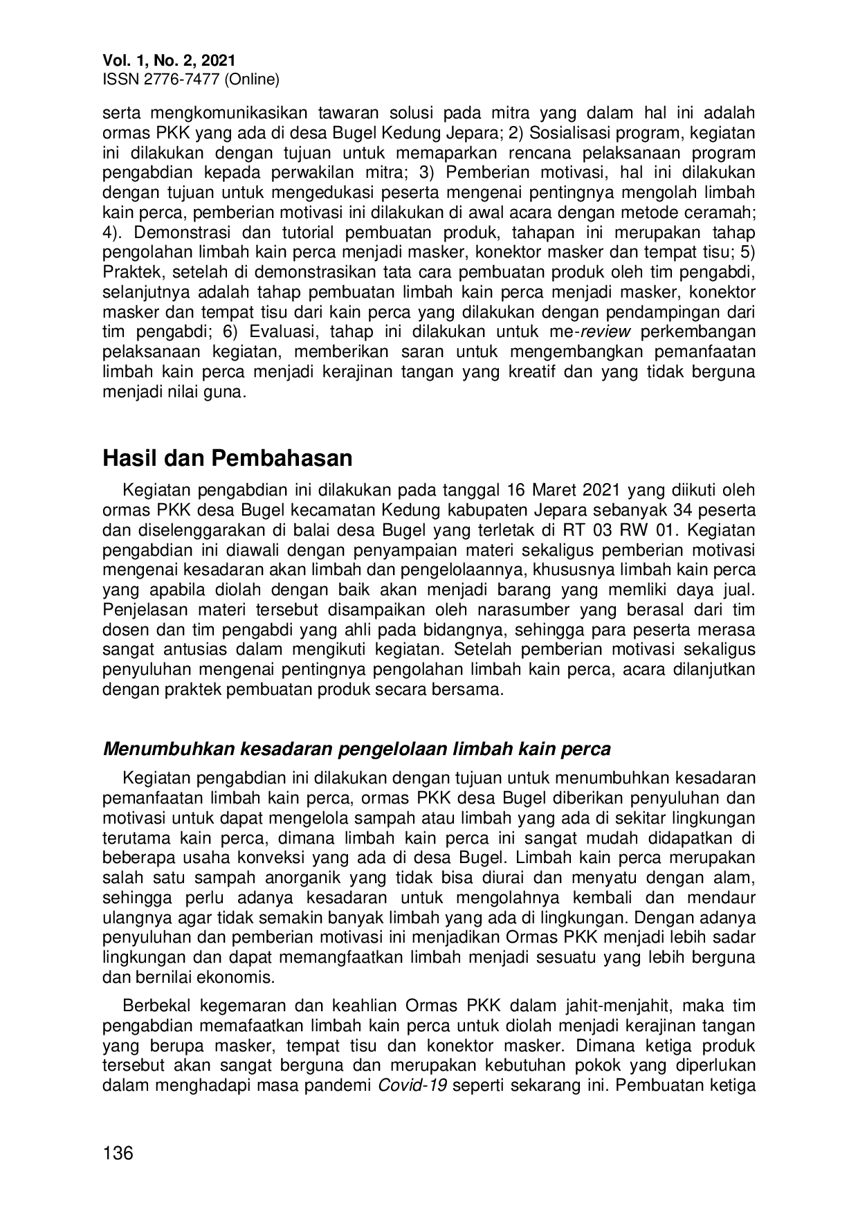 JURIS Pemanfaatan Limbah Kain Perca Menjadi Produk Bernilai Ekonomis Bagi Ormas PKK Desa Bugel