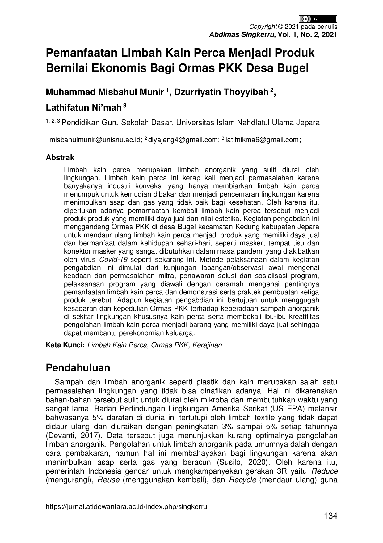 JURIS Pemanfaatan Limbah Kain Perca Menjadi Produk Bernilai Ekonomis Bagi Ormas PKK Desa Bugel