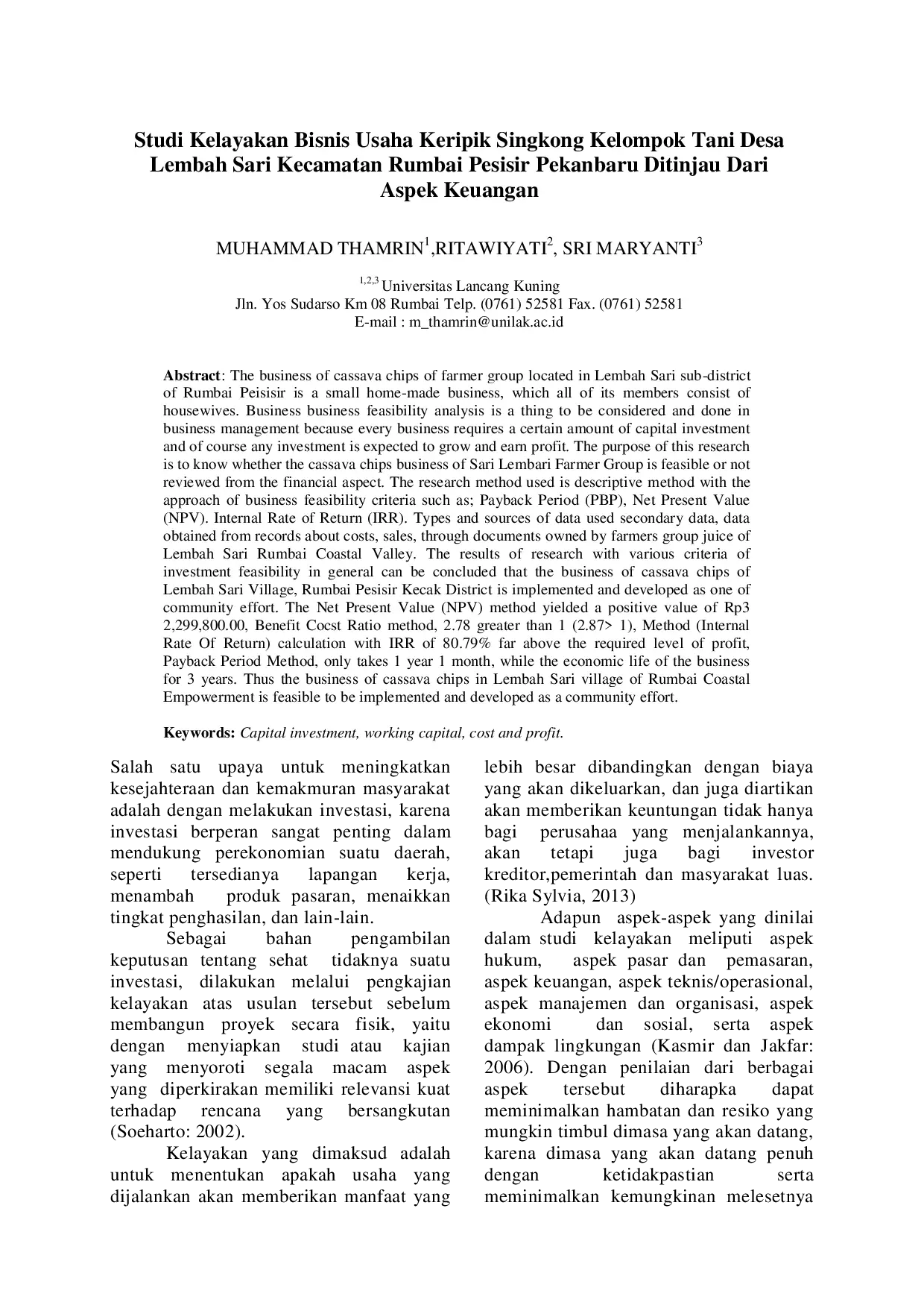 juris Studi Kelayakan Bisnis Usaha Keripik Singkong Kelompok Tani Desa Lembah Sari Kecamatan Rumbai Pesisir Pekanbaru Ditinjau Dari Aspek Keuangan