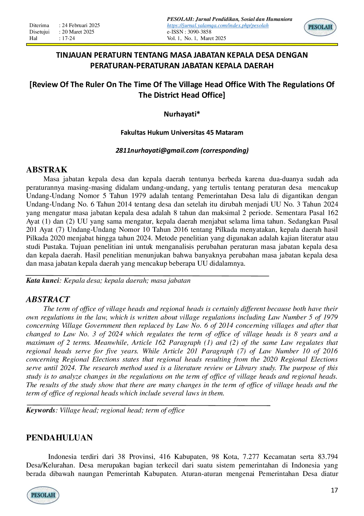JURIS TINJAUAN PERATURN TENTANG MASA JABATAN KEPALA DESA DENGAN PERATURAN PERATURAN JABATAN KEPALA DAERAH Review Of The Ruler On The Time Of The Village Head Office With The Regulations Of The District He