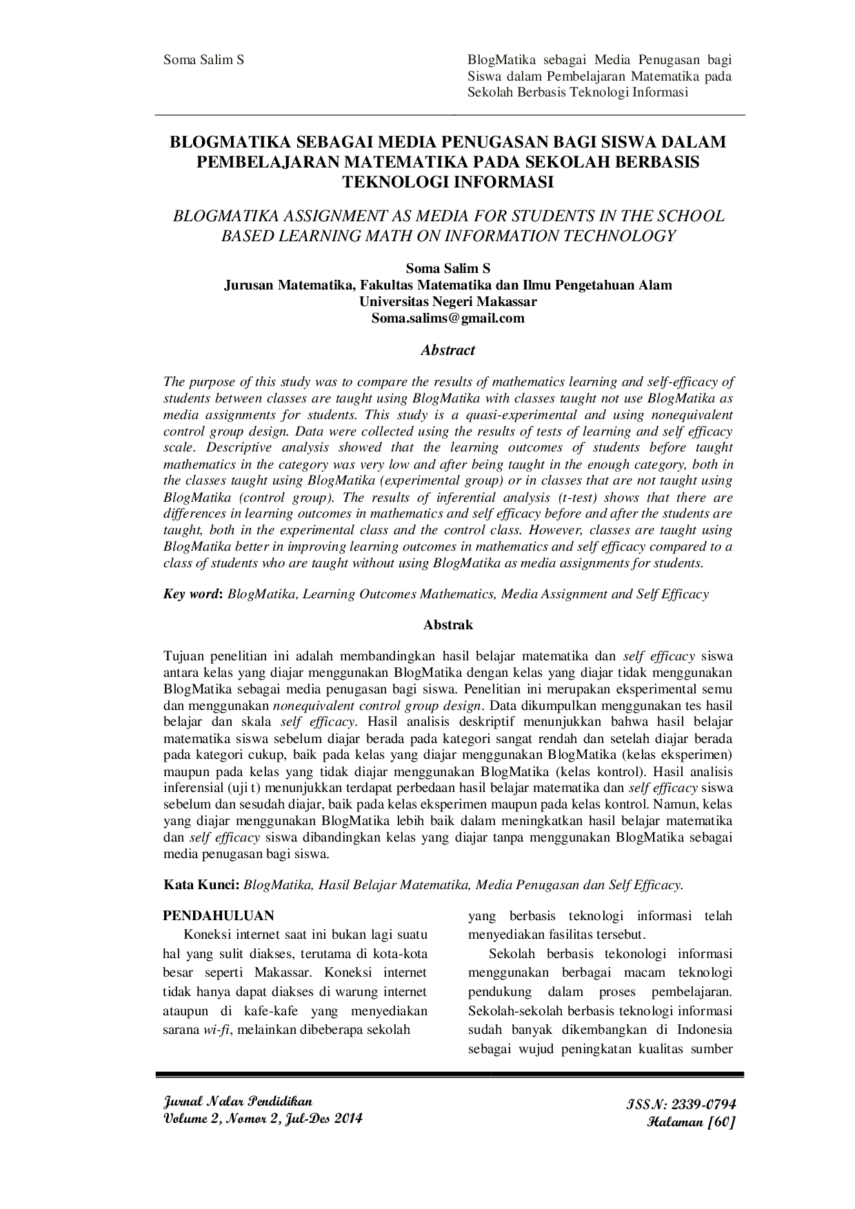 JURIS Blogmatika Sebagai Media Penugasan Bagi Siswa Dalam Pembelajaran Matematika Pada Sekolah Berbasis Teknologi Informasi