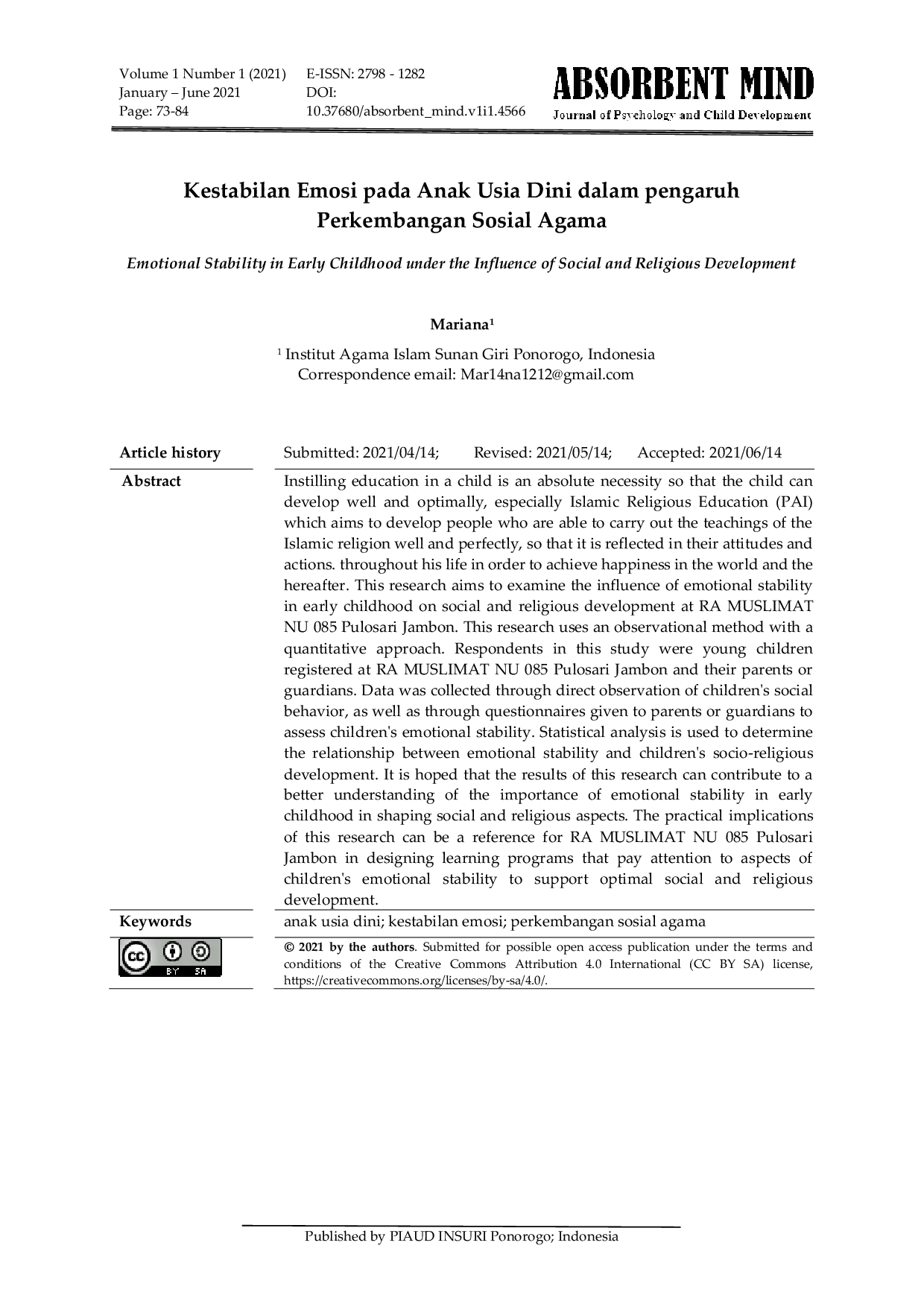 JURIS Kestabilan Emosi Pada Anak Usia Dini Dalam Pengaruh Perkembangan Sosial Agama