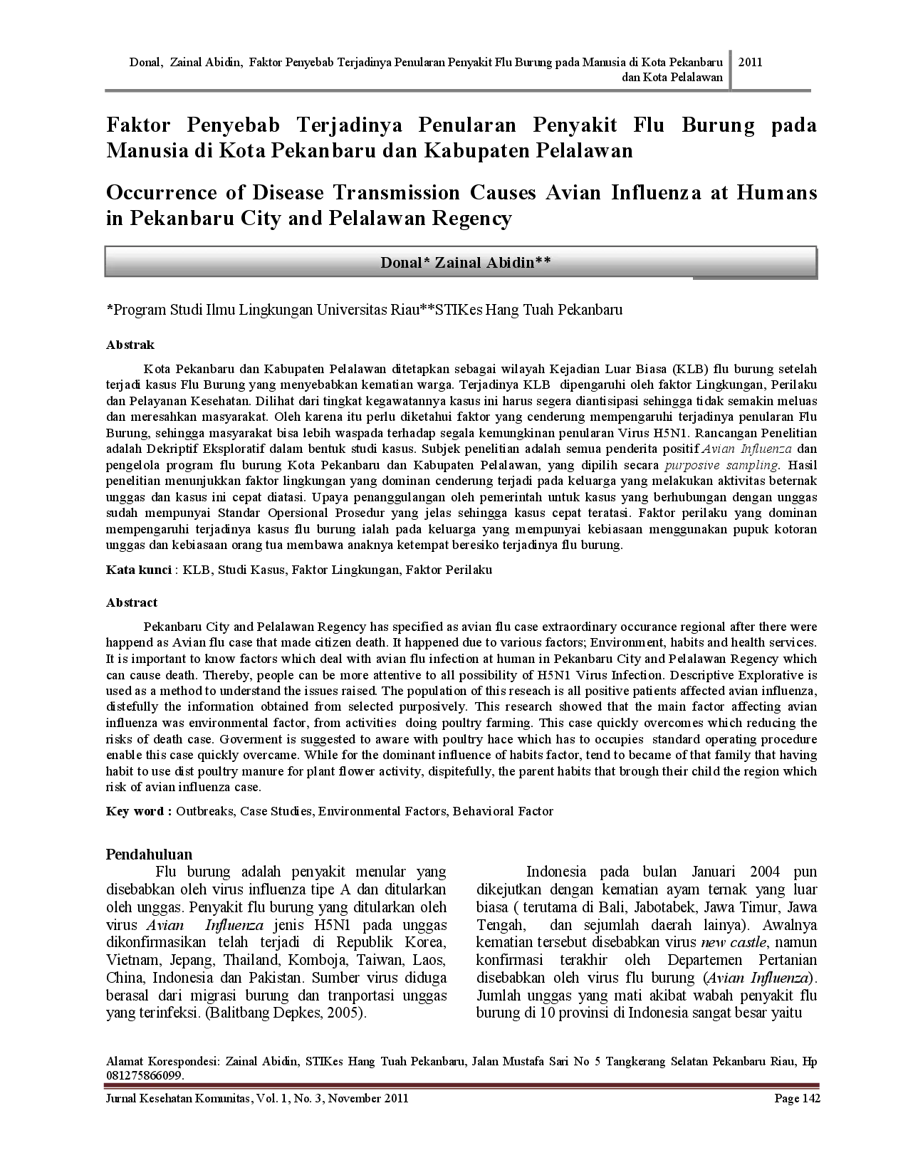 juris Faktor Penyebab Terjadinya Penularan Penyakit Flu Burung Pada Manusia Di Kota Pekanbaru Dan Kabupaten Pelalawan