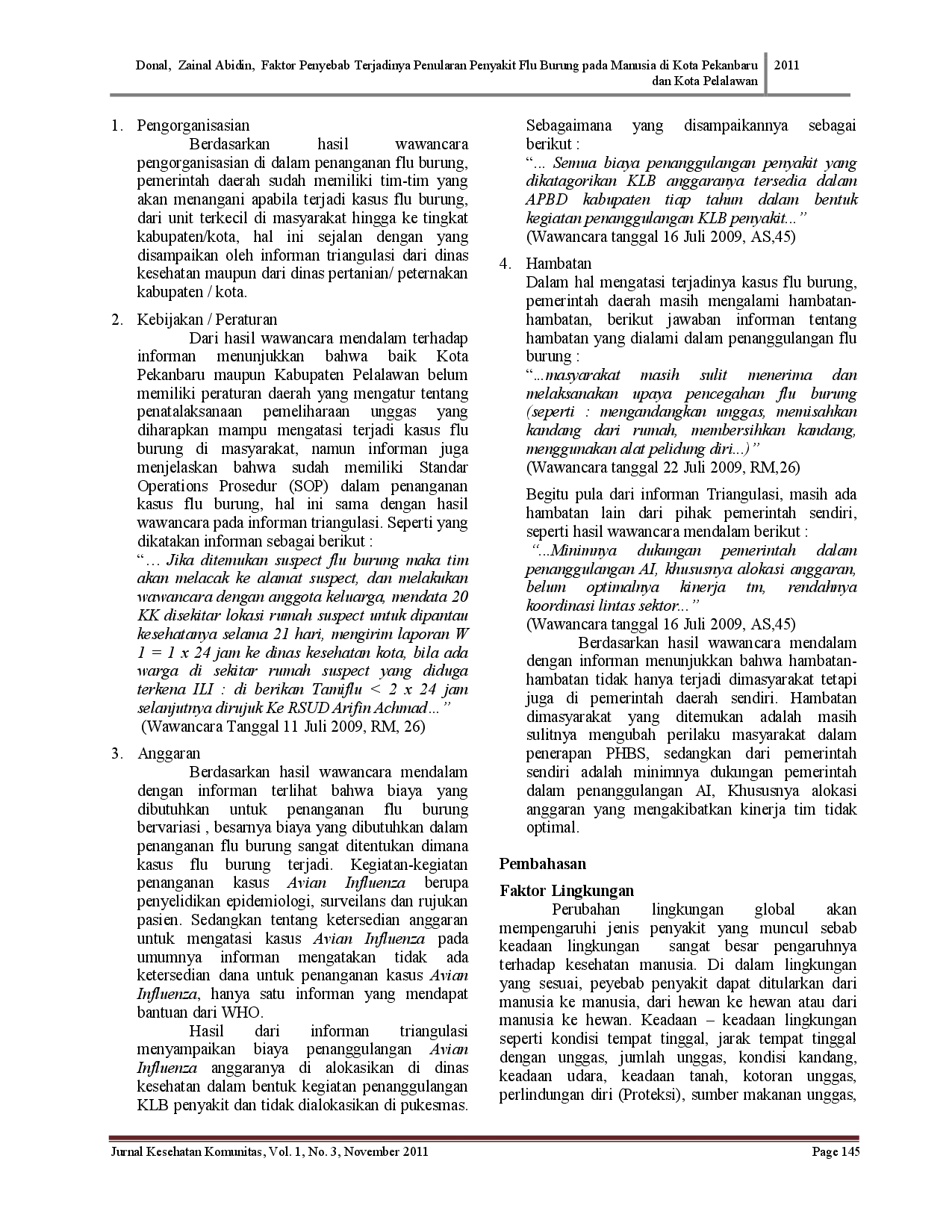 juris Faktor Penyebab Terjadinya Penularan Penyakit Flu Burung Pada Manusia Di Kota Pekanbaru Dan Kabupaten Pelalawan
