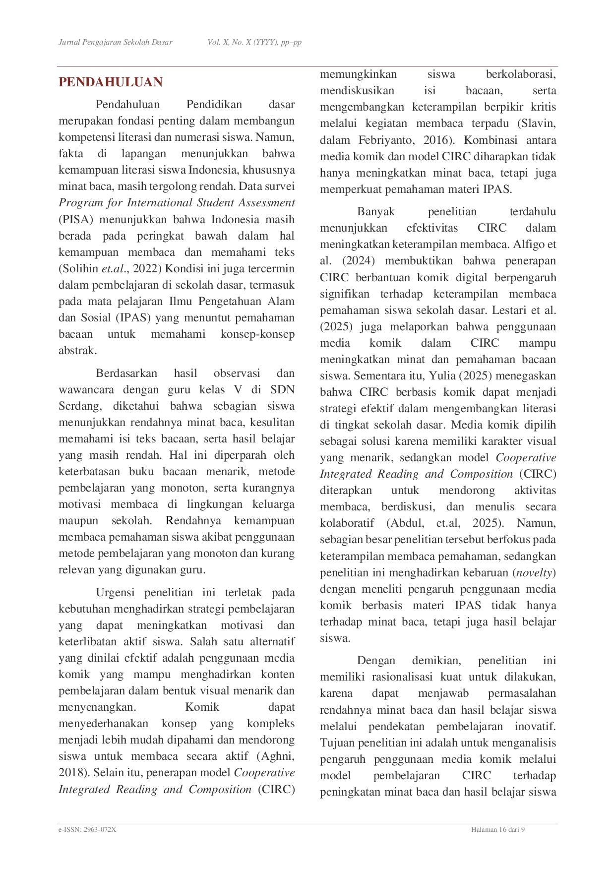 JURIS Pengaruh Media Komik Melalui Model Pembelajaran CIRC Untuk Meningkatkan Minat Baca Dan Hasil Belajar Pada Mata Pelajaran IPAS