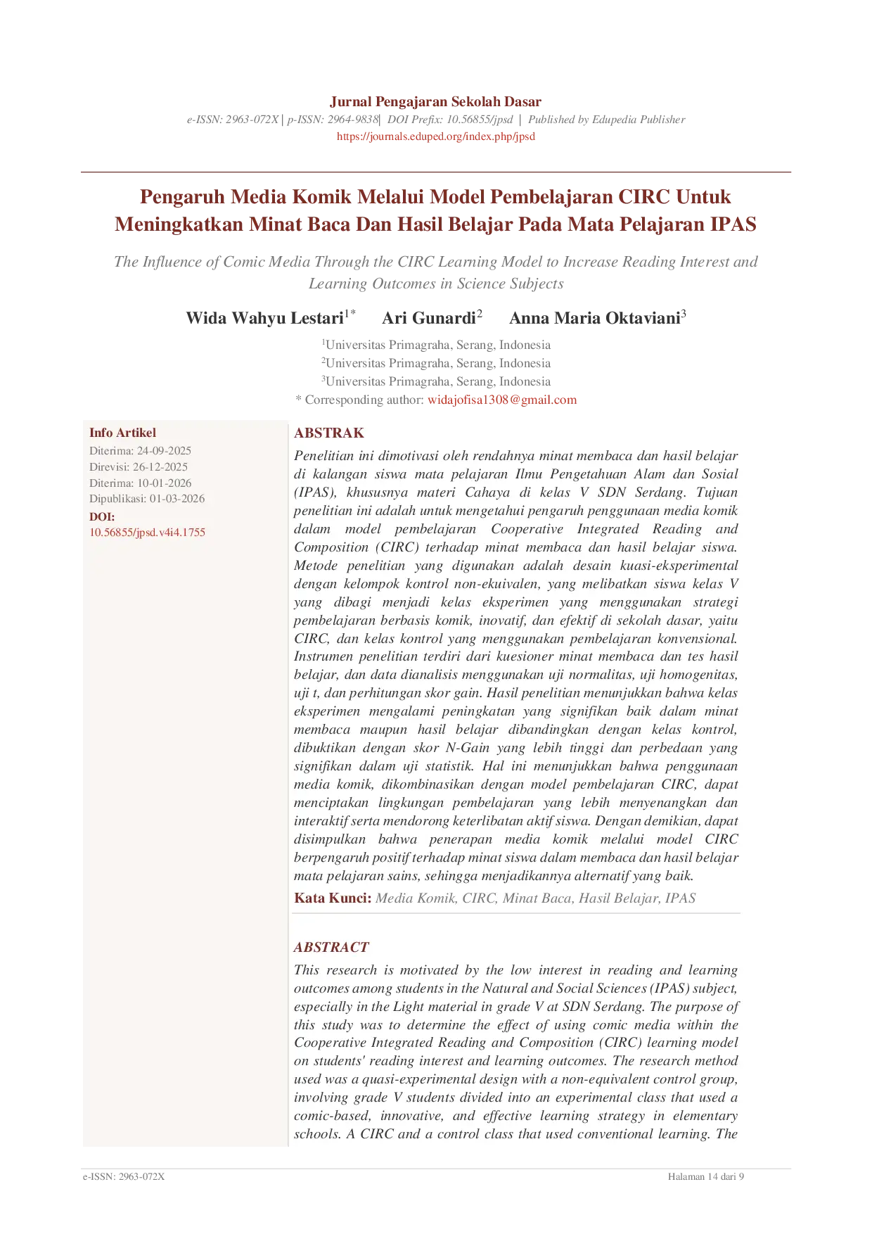 JURIS Pengaruh Media Komik Melalui Model Pembelajaran CIRC Untuk Meningkatkan Minat Baca Dan Hasil Belajar Pada Mata Pelajaran IPAS