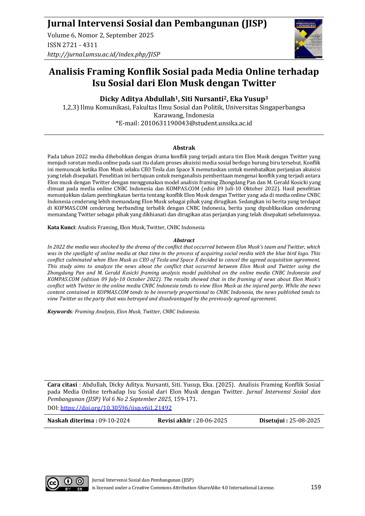 JURIS Analisis Framing Konflik Sosial pada Media Sosial terhadap Isu Sosial dari Elon Musk dengan Twitter
