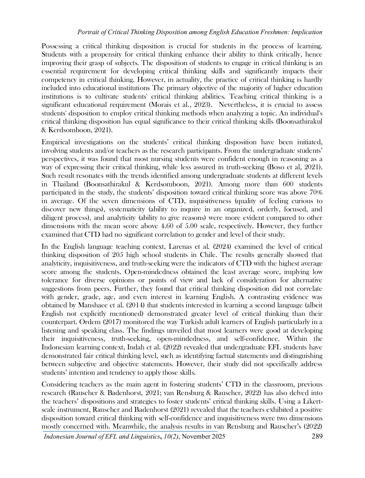 JURIS Portrait of Critical Thinking Disposition Among English Education Freshmen Implication