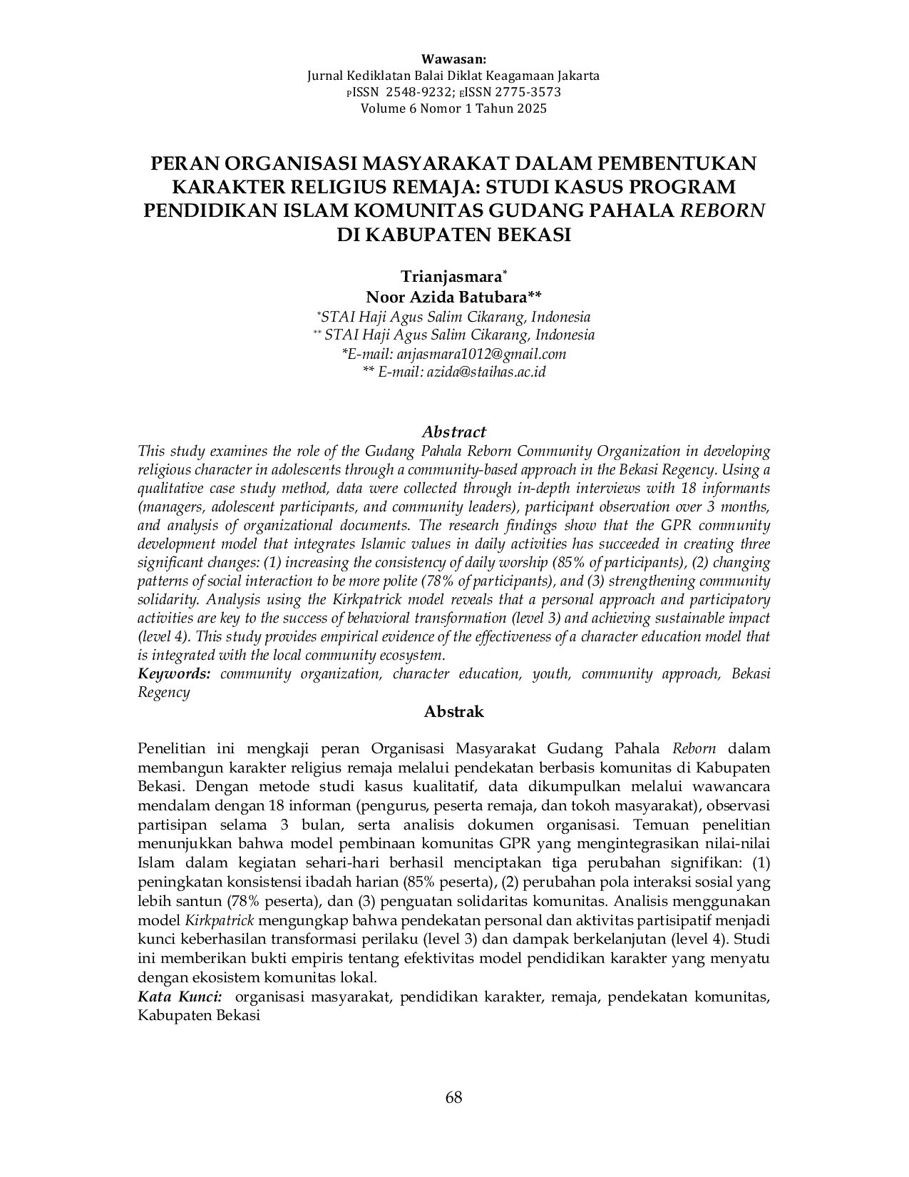 JURIS Peran Organisasi Masyarakat Dalam Pembentukan Karakter Religius Remaja Studi Kasus Program Pendidikan Islam Komunitas Gudang Pahala Reborn Di Kabupaten Bekasi