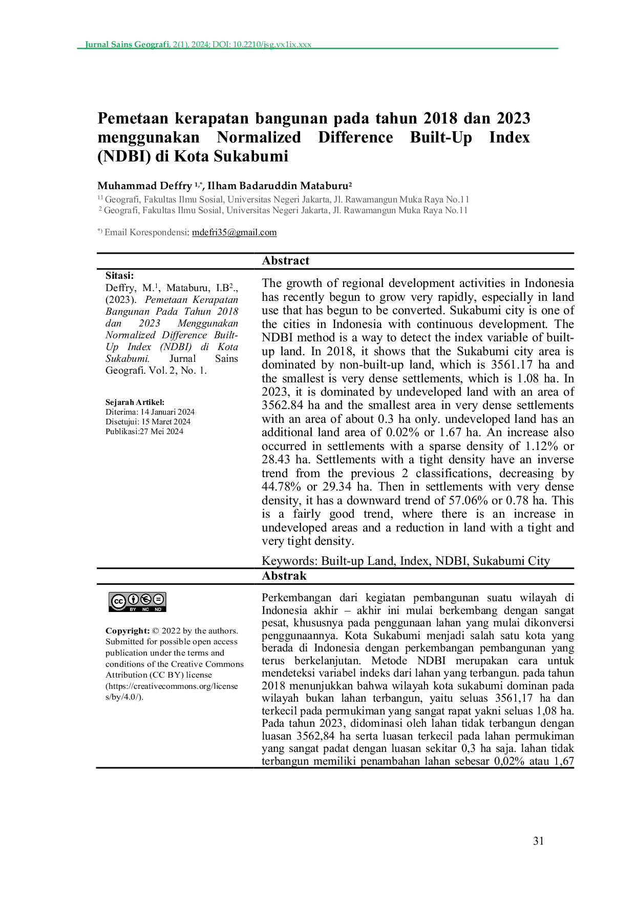 JURIS Pemetaan kerapatan bangunan pada tahun 2018 dan 2023 menggunakan Normalized Difference Built Up Index NDBI di Kota Sukabumi