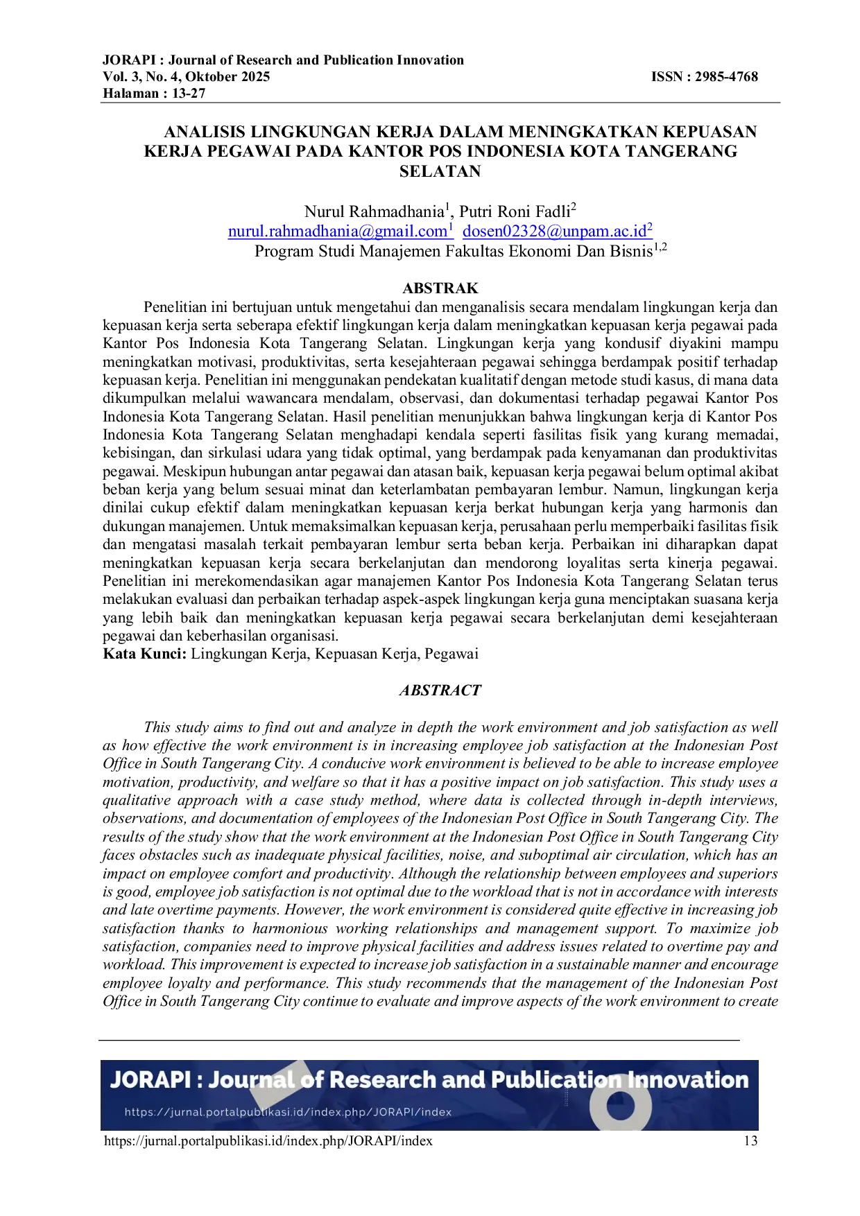 JURIS Analisis Lingkungan Kerja Dalam Meningkatkan Kepuasan Kerja Pegawai Pada Kantor Pos Indonesia Kota Tangerang Selatan