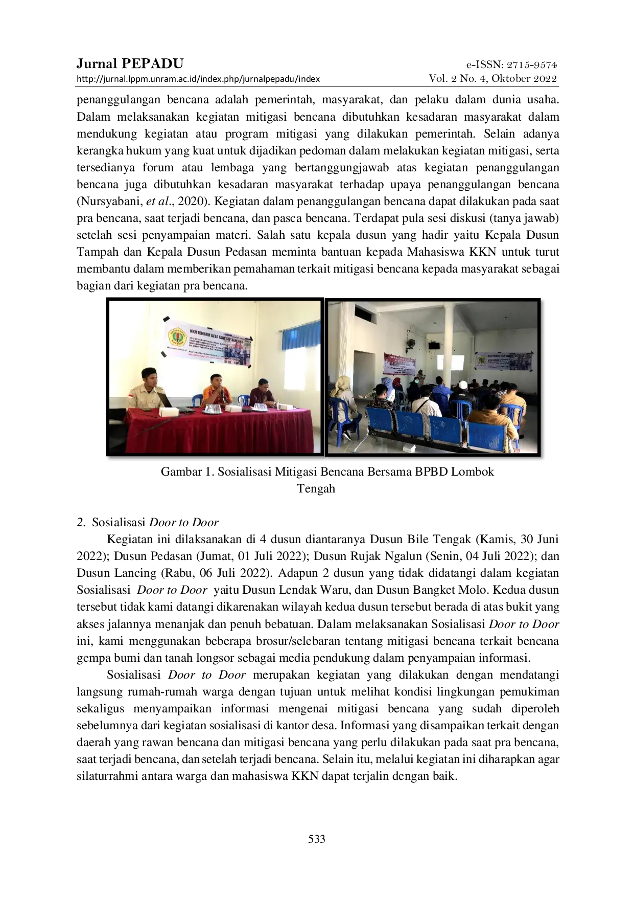 JURIS Implementasi Dan Optimalisasi Mitigasi Bencana Guna Meningkatkan Kesiapsiagaan Masyarakat Desa Mekar Sari Kecamatan Praya Barat Kabupaten Lombok Tengah