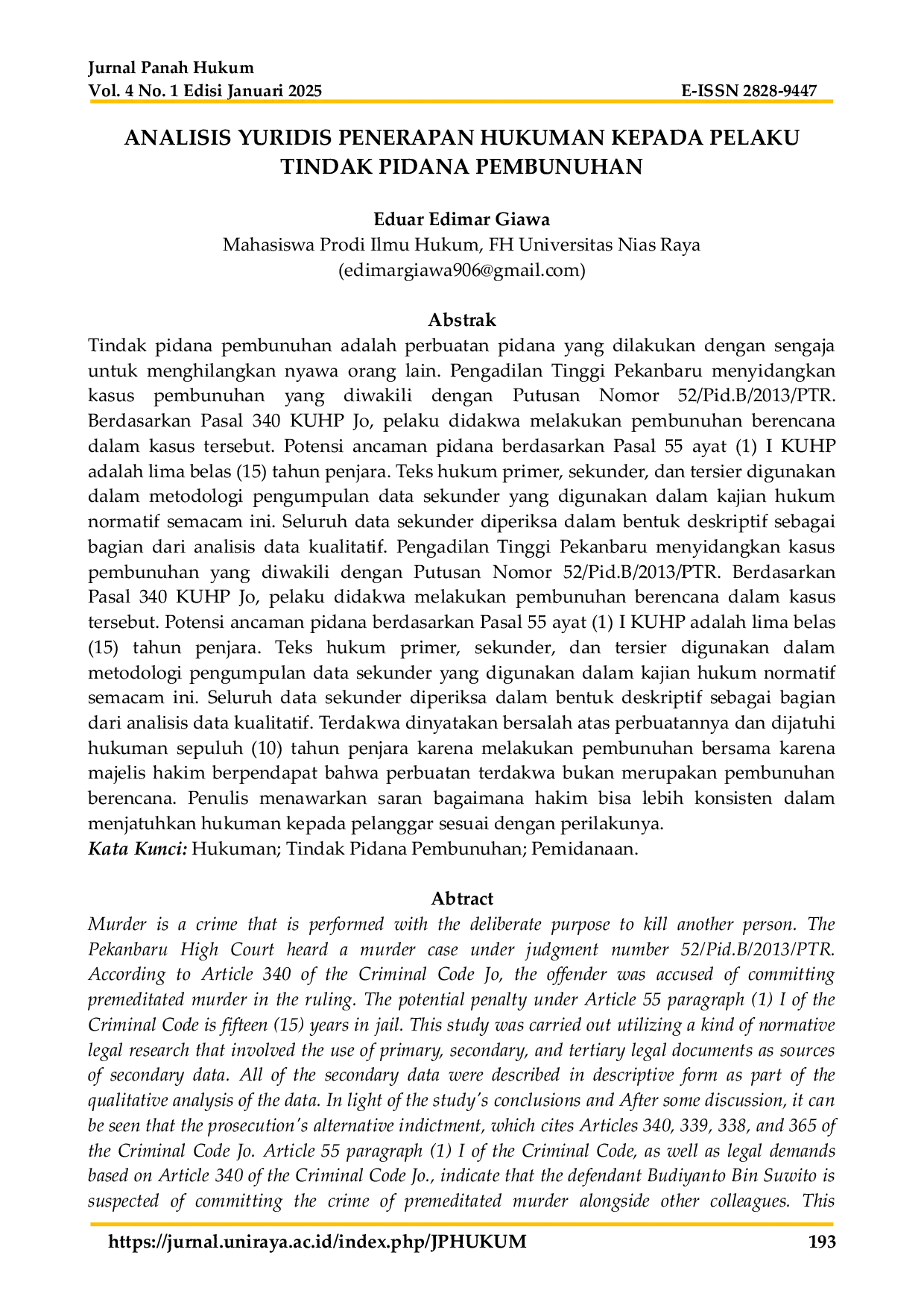 JURIS Analisis Yuridis Penerapan Hukuman kepada Pelaku Tindak Pidana Pembunuhan