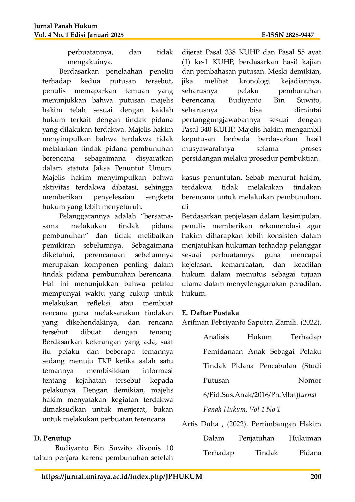 JURIS Analisis Yuridis Penerapan Hukuman kepada Pelaku Tindak Pidana Pembunuhan