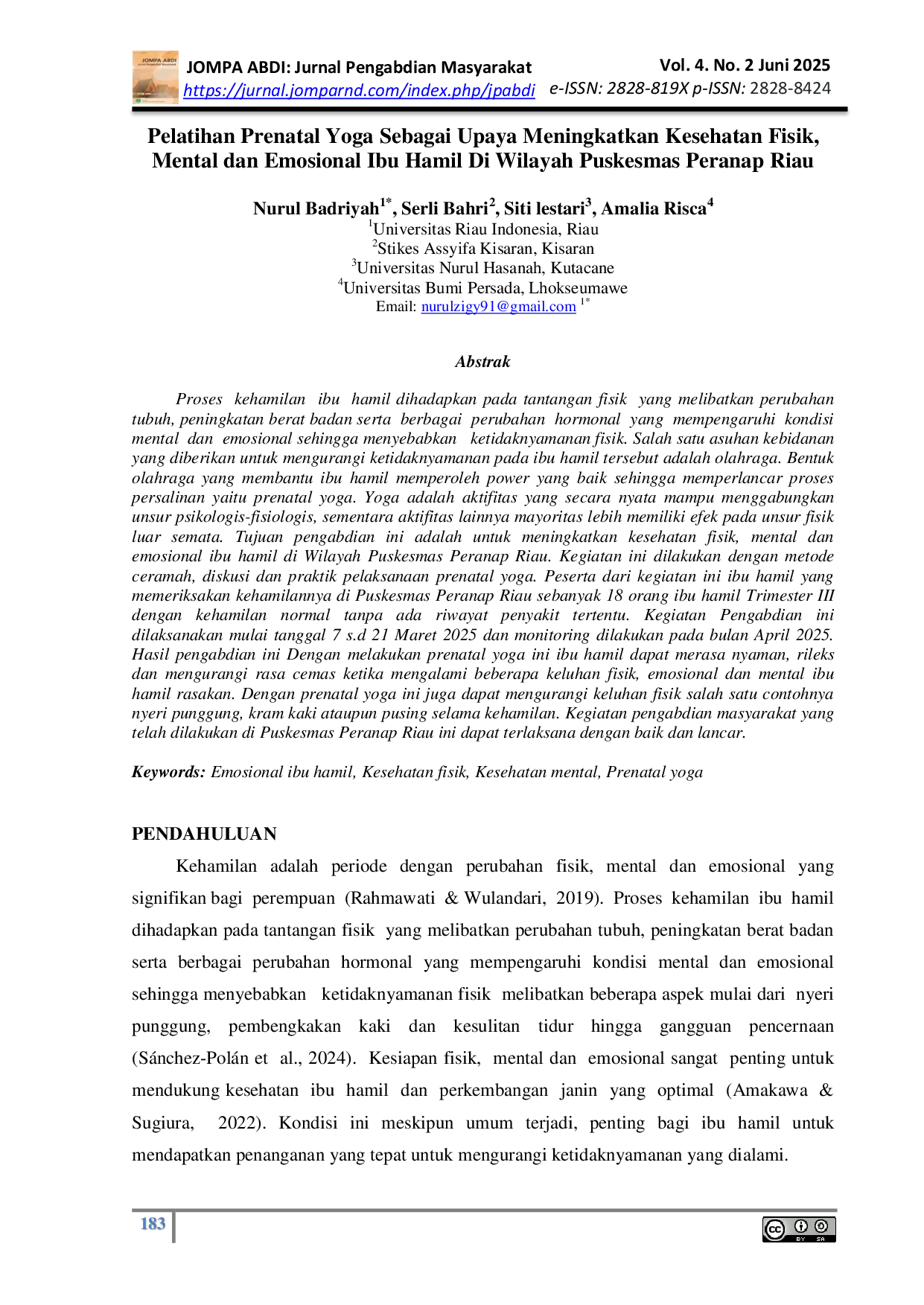 JURIS Pelatihan Prenatal Yoga Sebagai Upaya Meningkatkan Kesehatan Fisik Mental dan Emosional Ibu Hamil Di Wilayah Puskesmas Peranap Riau