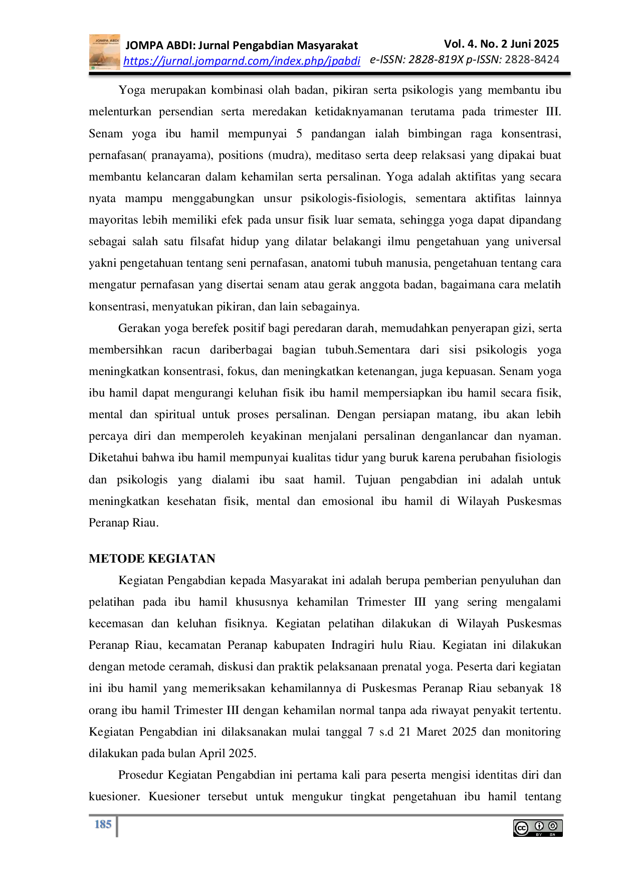 JURIS Pelatihan Prenatal Yoga Sebagai Upaya Meningkatkan Kesehatan Fisik Mental dan Emosional Ibu Hamil Di Wilayah Puskesmas Peranap Riau