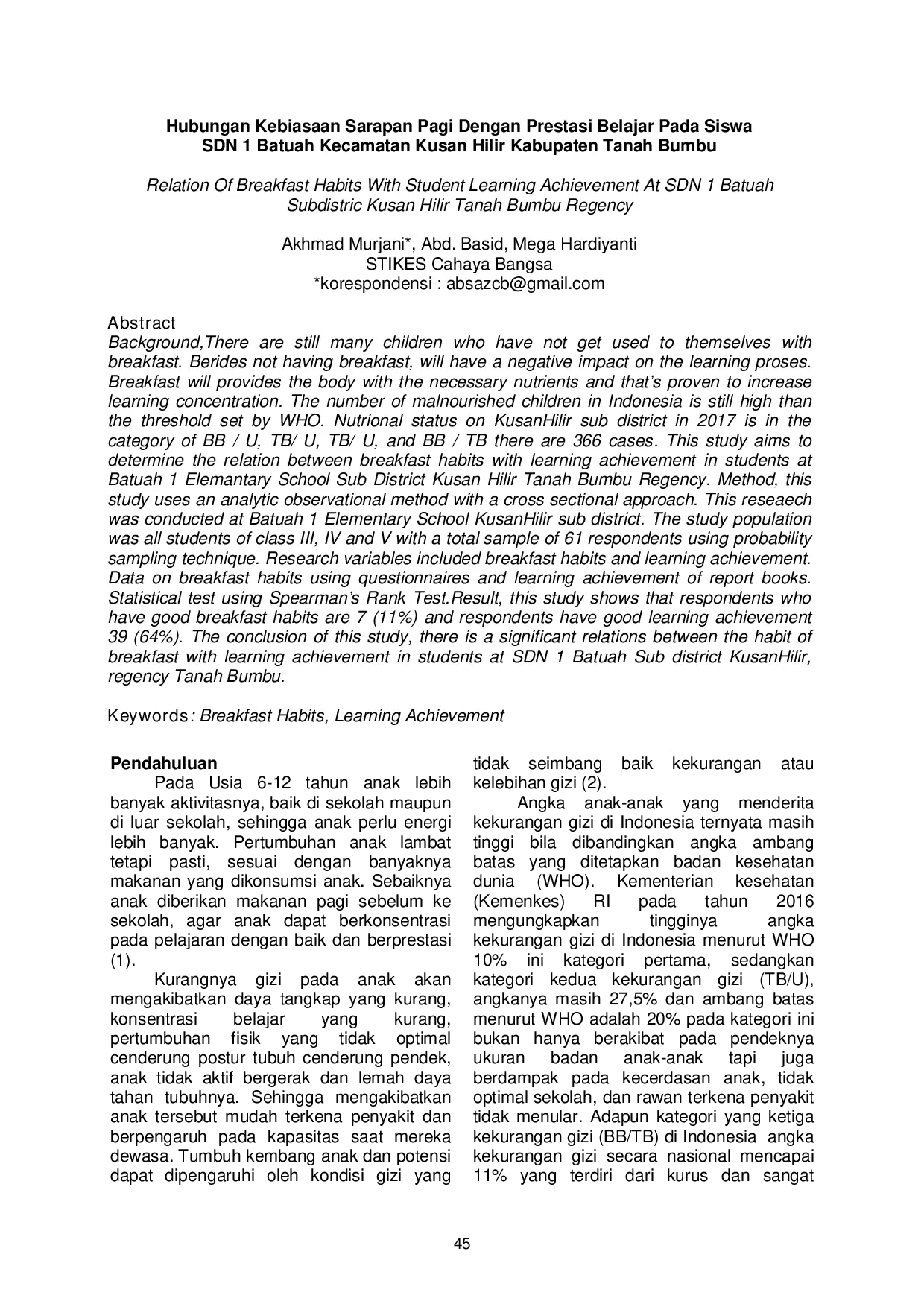 JURIS Hubungan Kebiasaan Sarapan Pagi Dengan Prestasi Belajar Pada Siswa SDN 1 Batuah Kecamatan Kusan Hilir Kabupaten Tanah Bumbu