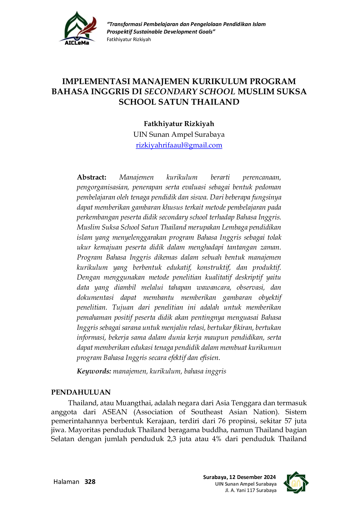 JURIS Implementasi Manajemen Kurikulum Program Bahasa Inggris di Secondary School Muslim Suksa School Satun Thailand