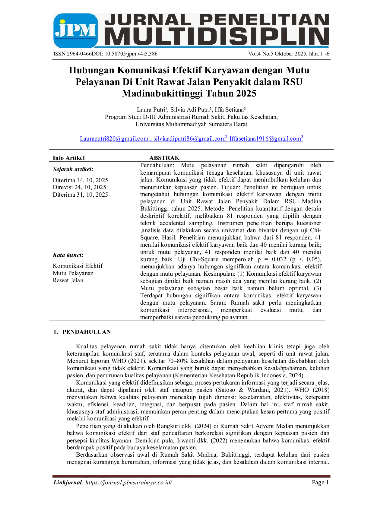 JURIS Hubungan Komunikasi Efektif Karyawan dengan Mutu Pelayanan Di Unit Rawat Jalan Penyakit dalam RSU Madinabukittinggi Tahun 2025