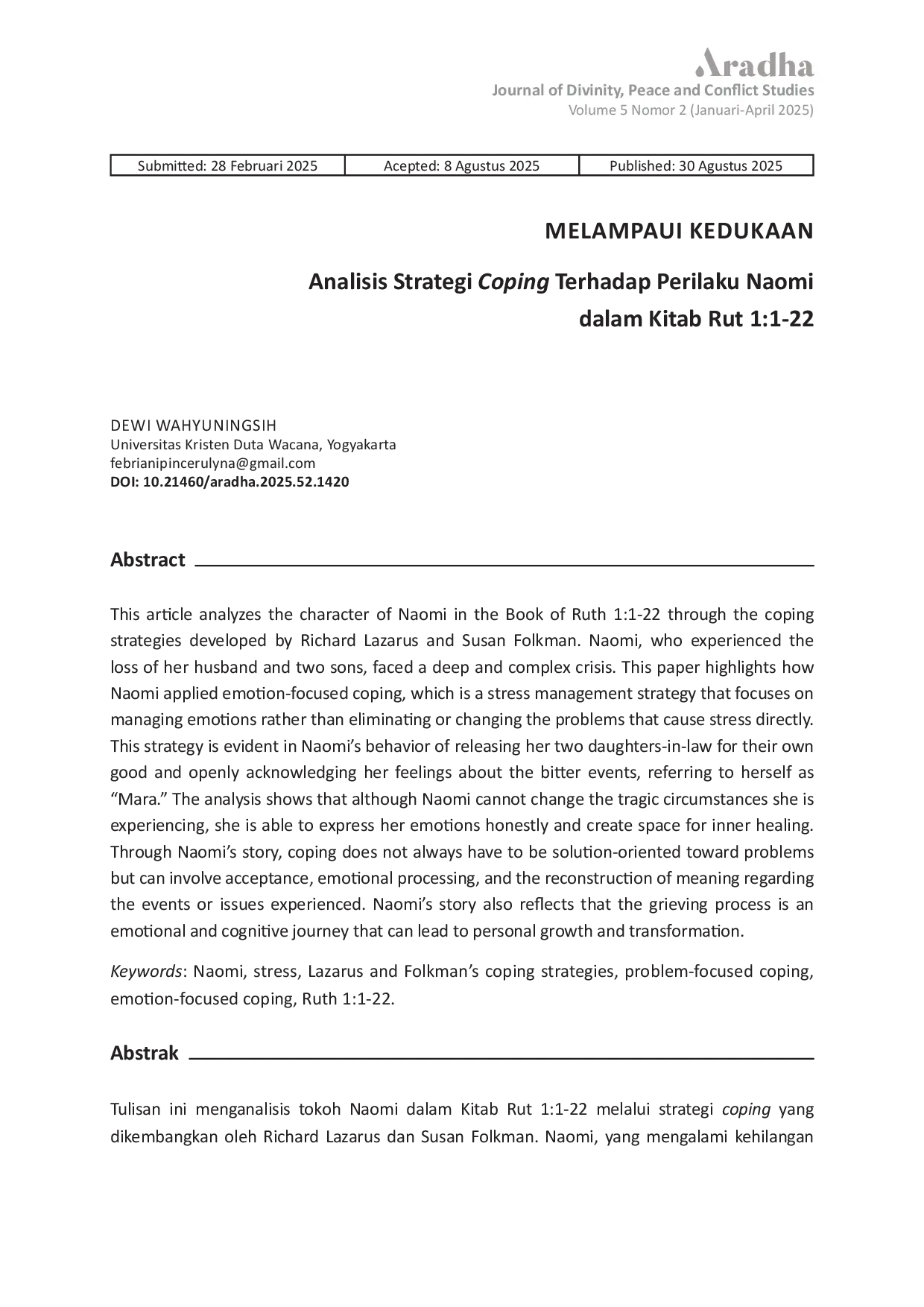 JURIS Melampaui Kedukaan Analisis Strategi Coping Terhadap Perilaku Naomi dalam Kitab Rut 1 1 22