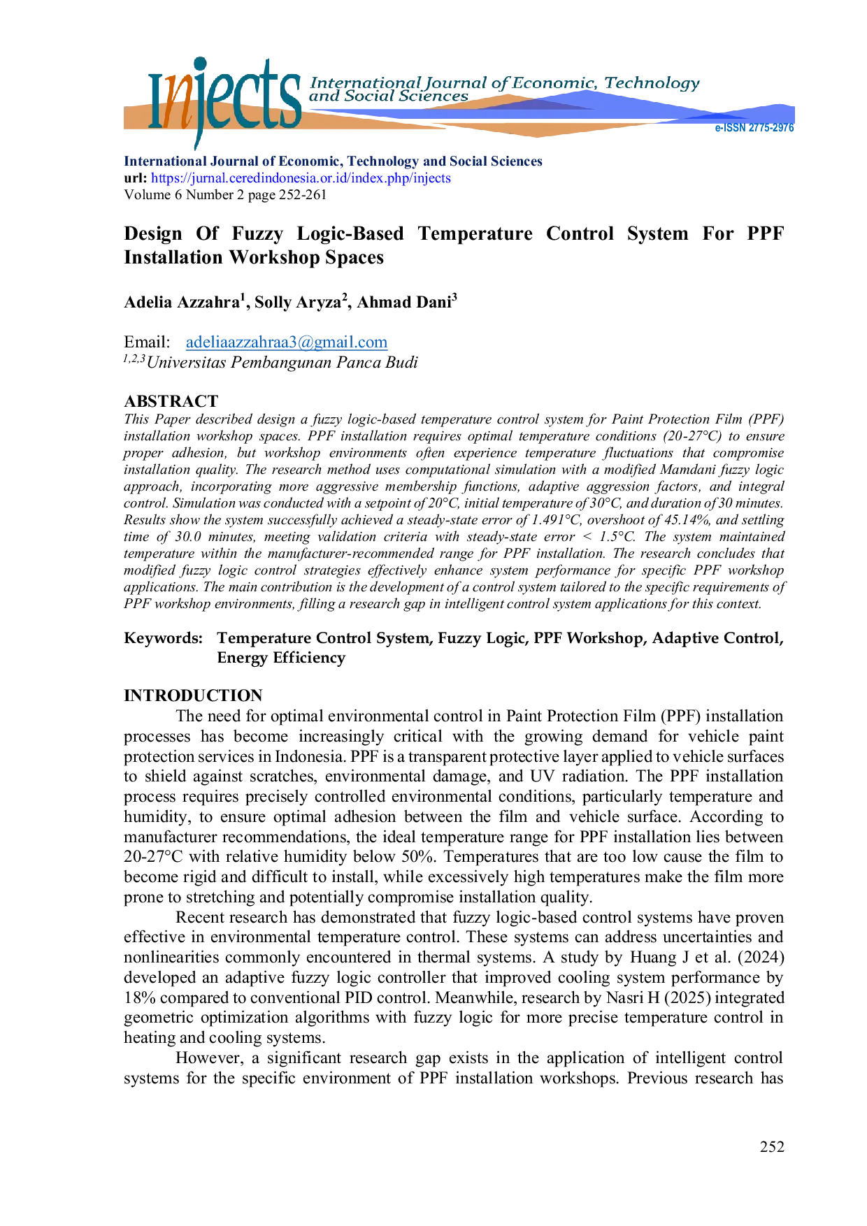 JURIS Design Of Fuzzy Logic Based Temperature Control System For PPF Installation Workshop Spaces