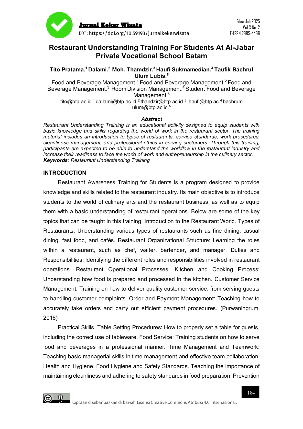 JURIS Restaurant Understanding Training For Students At Al Jabar Private Vocational School Batam