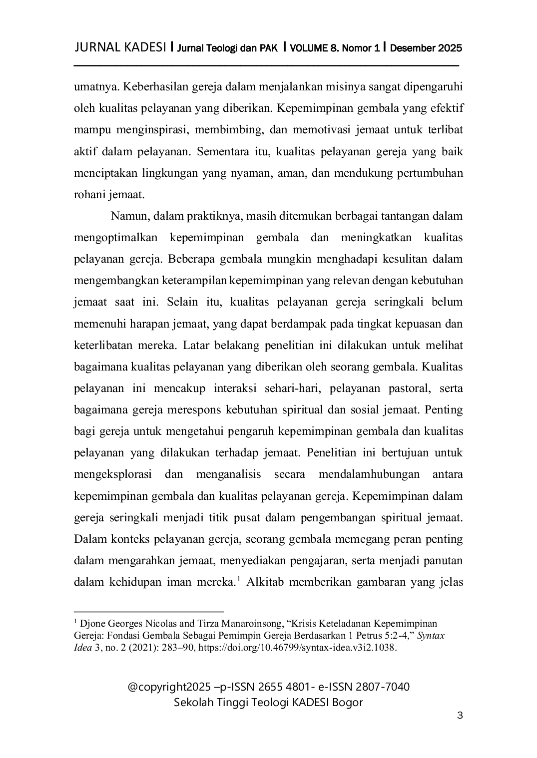 JURIS Mengoptimalkan Kepemimpinan Gembala Dengan Kualitas Pelayanan Gereja