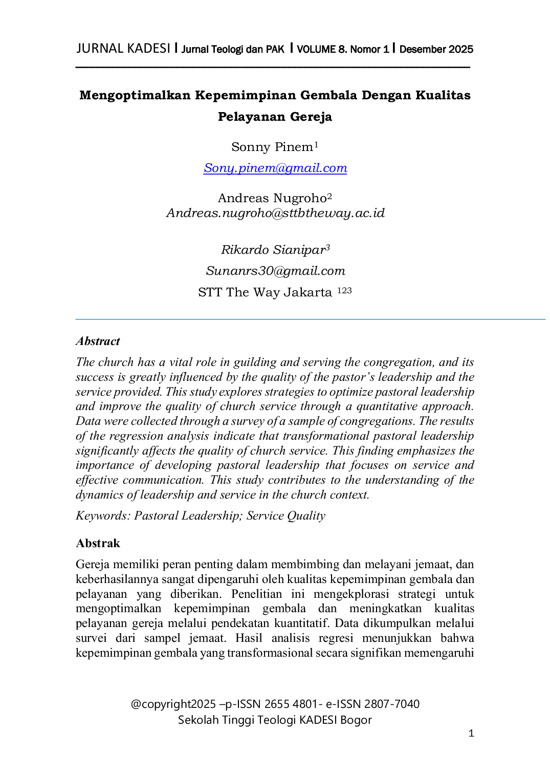 JURIS Mengoptimalkan Kepemimpinan Gembala Dengan Kualitas Pelayanan Gereja