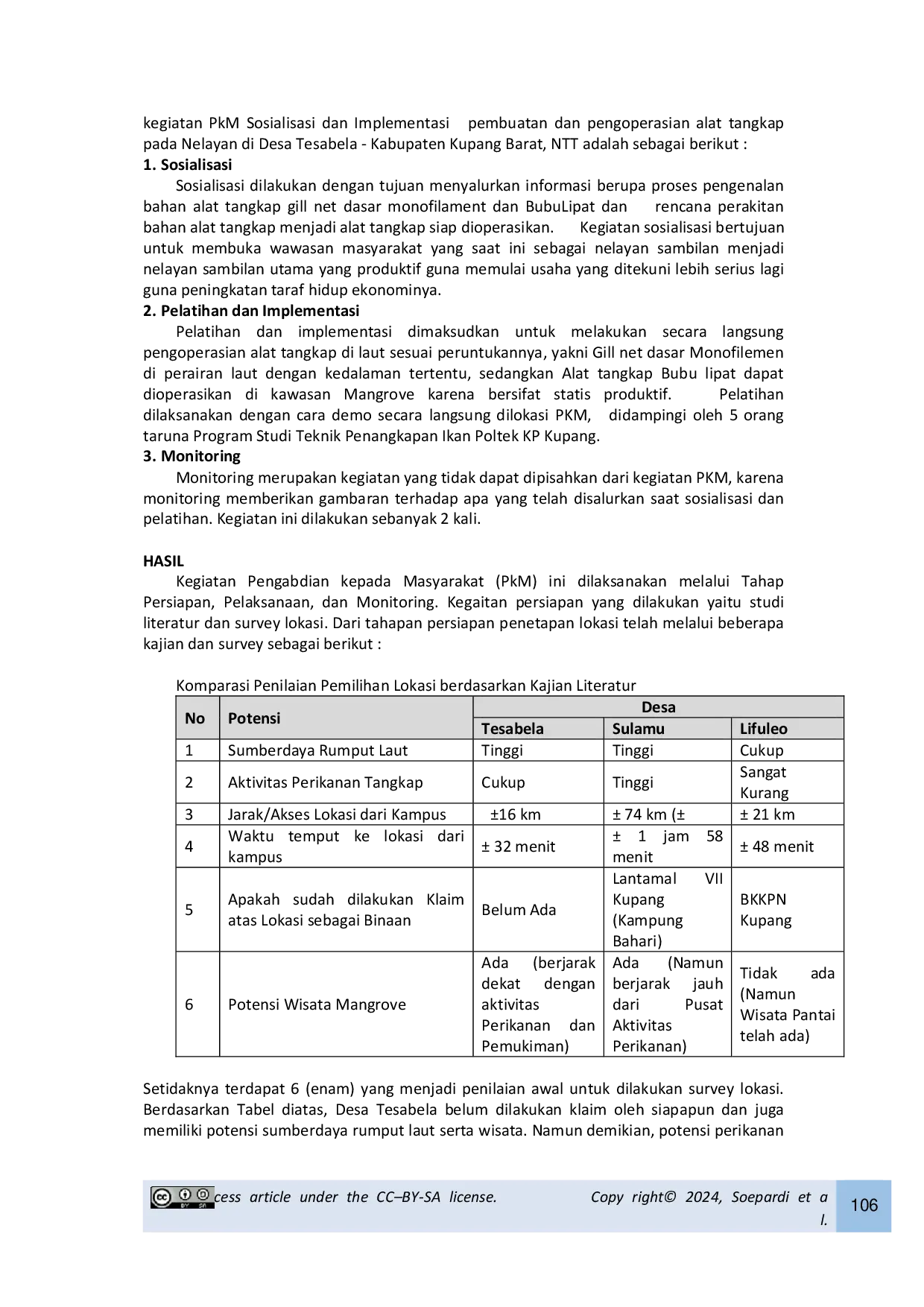 JURIS Sosialisasi dan Implementasi Penggunaan Gill Net Dasar dan Bubu Lipat dalam Mendukung dan Meningkatkan Peran Produktif Nelayan di Desa Tesabela Kabupaten Kupang NTT