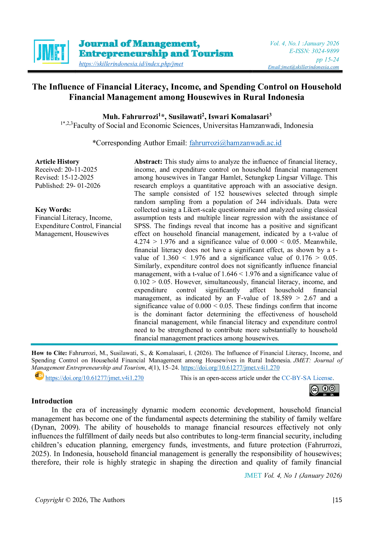 JURIS The Influence of Financial Literacy Income and Spending Control on Household Financial Management among Housewives in Rural Indonesia