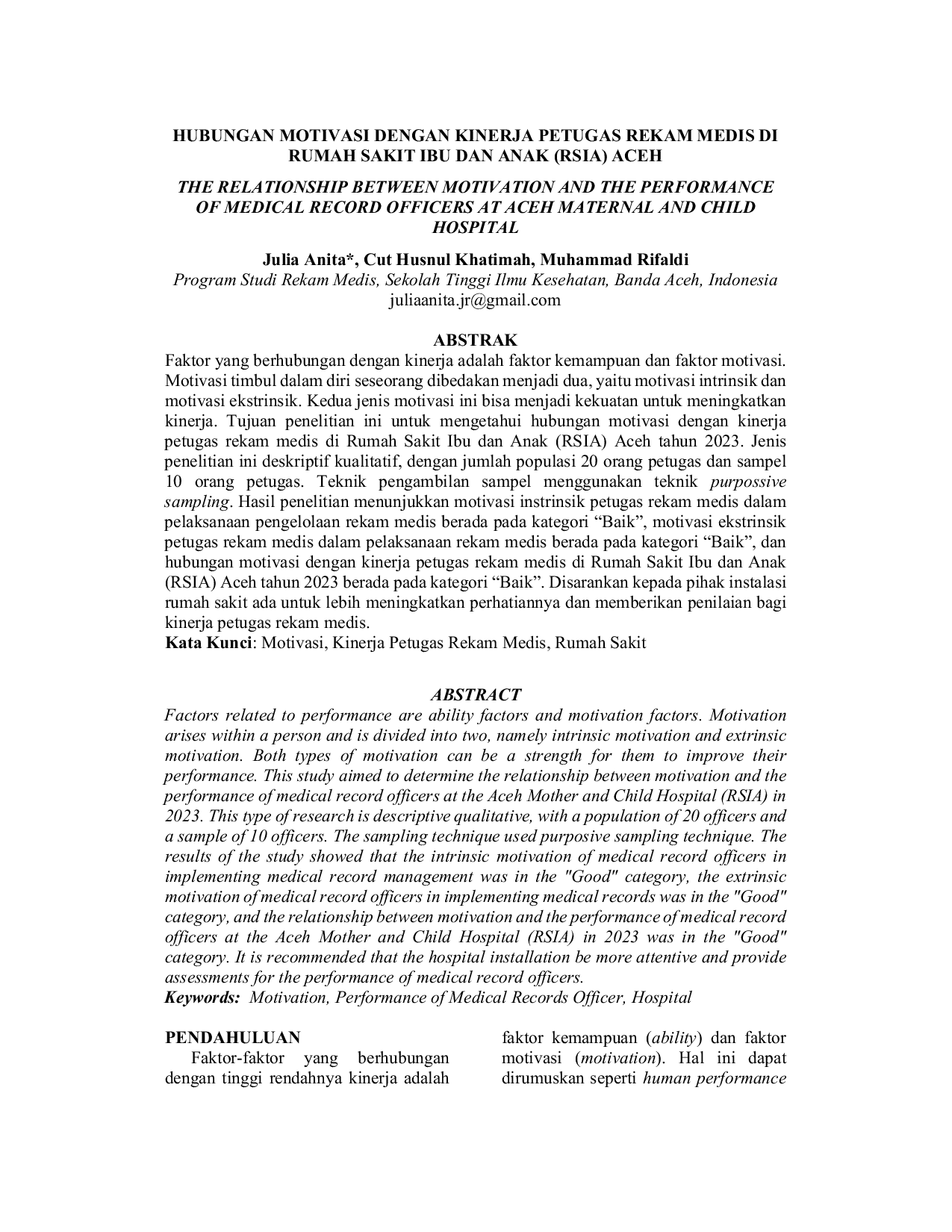 JURIS Hubungan Motivasi Dengan Kinerja Petugas Rekam Medis Di Rumah Sakit Ibu Dan Anak RSIA Aceh